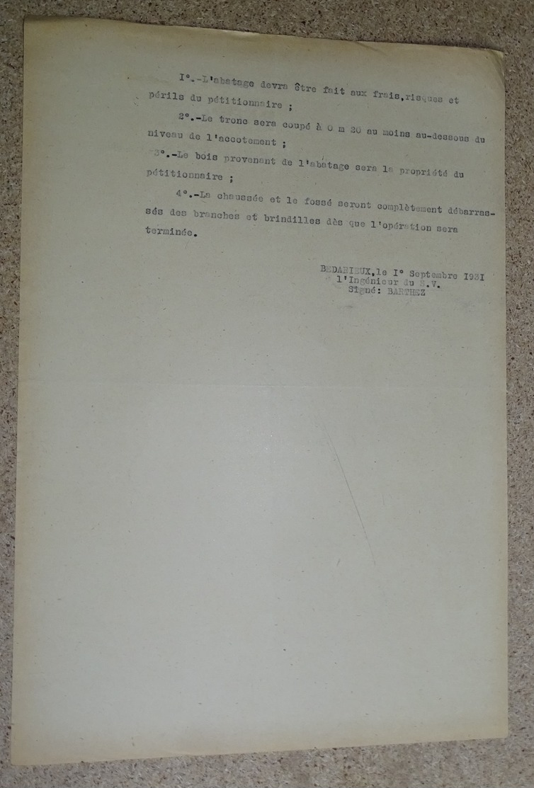 Rapport Vicinal De L'hérault - 1931 - Béziers - Bédarieux - Abatage D'arbres Demandé Par Le Sieur Bec A Barthez - Autres & Non Classés