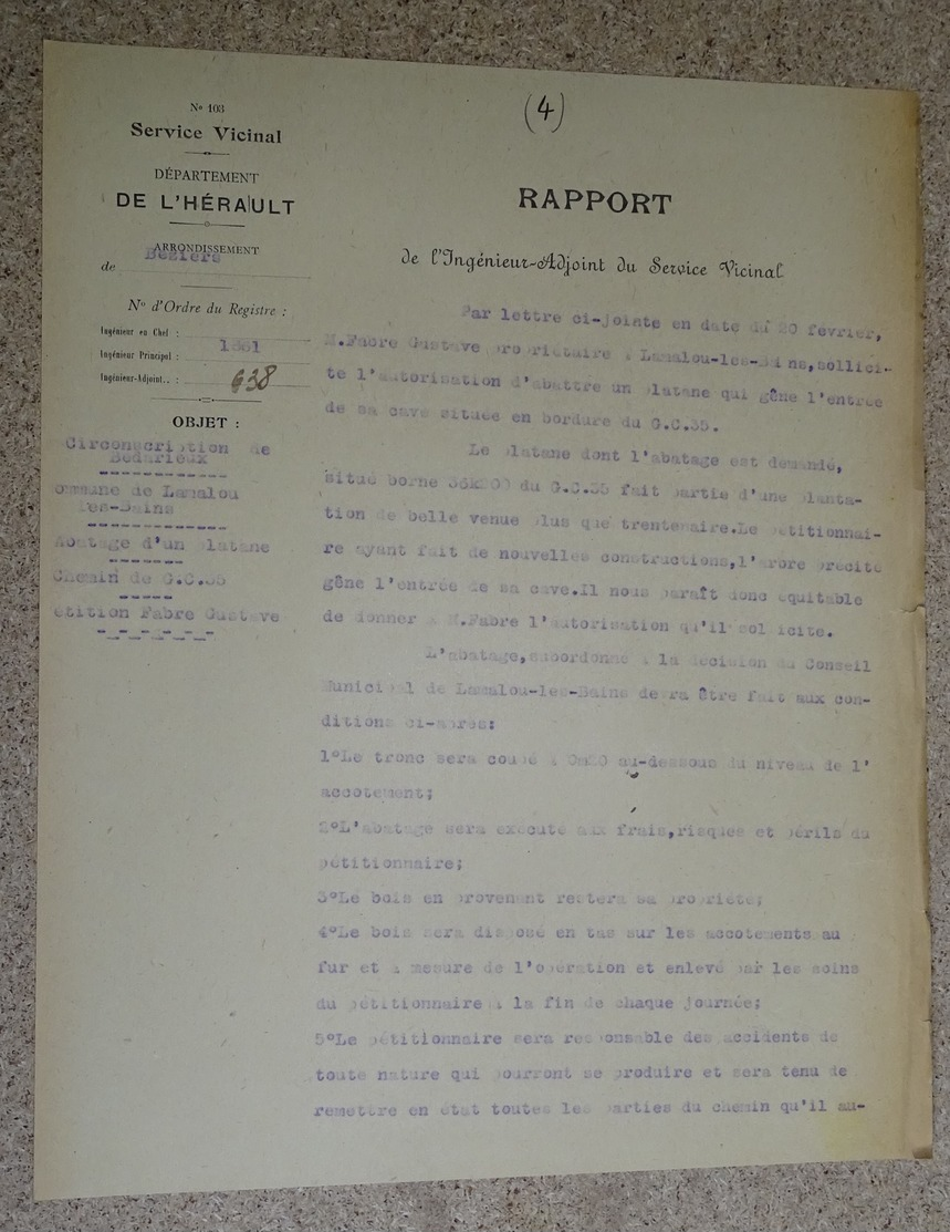 Rapport Vicinal De L'hérault - 1931 - Béziers - Bédarieux Lamalou Les Bains Abatage De Platane - Autres & Non Classés