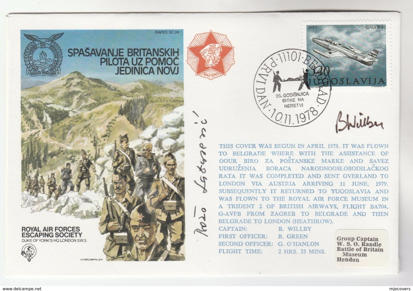 1978 YUGOSLAVIA FLIGHT COVER SIGNED WWII Hero LAZAREVIC + Pilot, To GB Concorde , Aviation - WW2