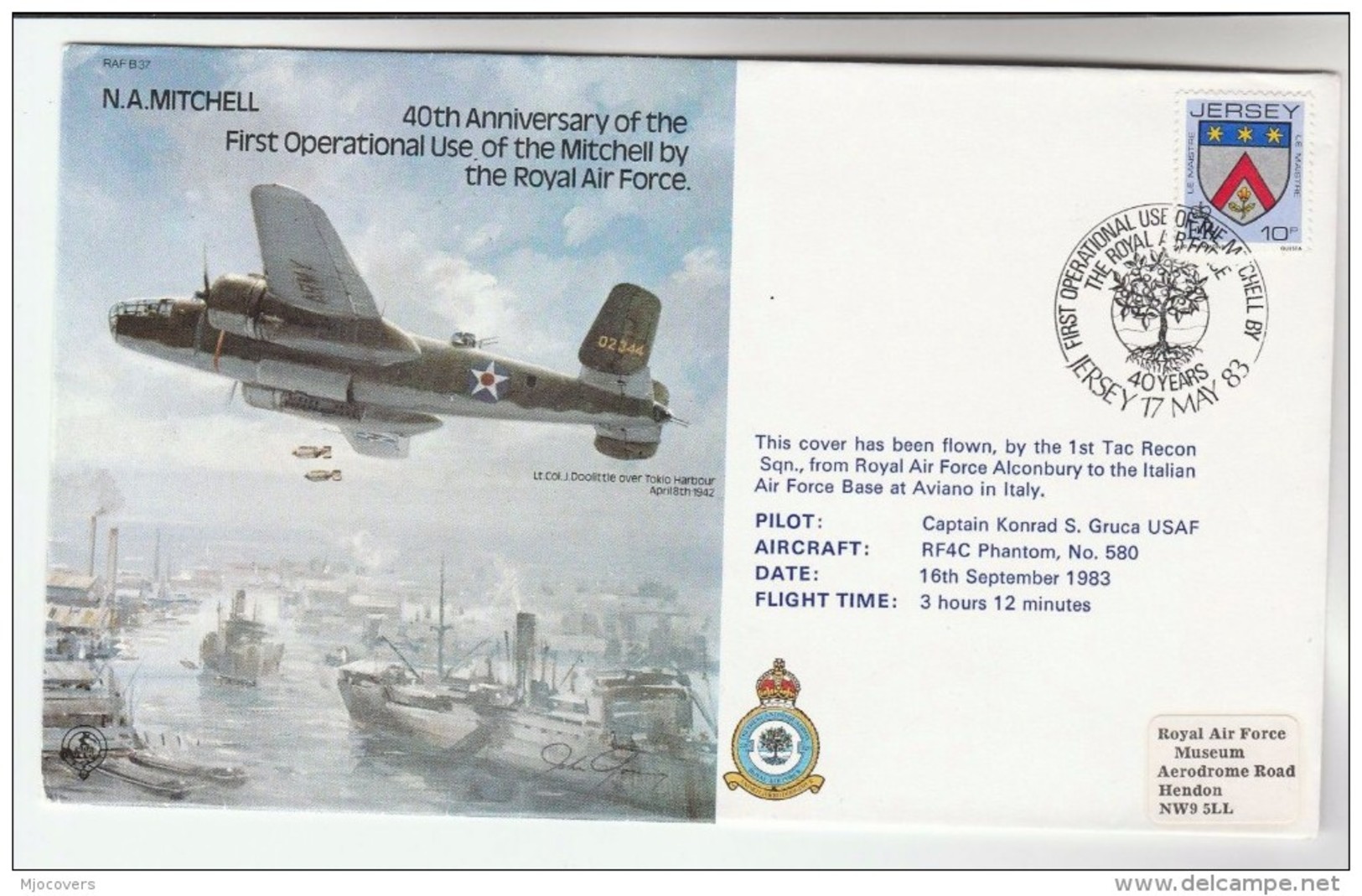 1983 Special FLIGHT COVER  WWII Anniv  GB To ITALIAN AIR FORCE Base AVIANO ITALY  Aviation Stamps Raf Jersey - Airplanes