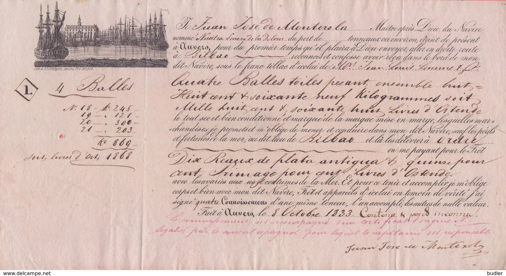 BELGIQUE/BELGIUM :08/10/1833: Cognossement Pour Le Transport Par Navire à Voile / For The Transport By Sailing Ship ... - Trasporti