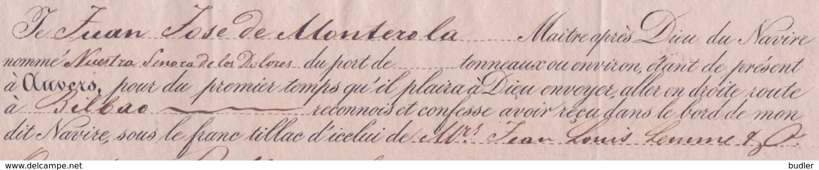 BELGIQUE/BELGIUM :08/10/1833: Cognossement Pour Le Transport Par Navire à Voile / For The Transport By Sailing Ship ... - Transporte