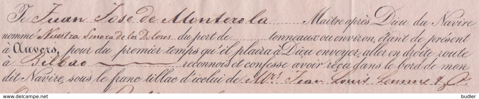 BELGIQUE/BELGIUM :08/10/1833: Cognossement Pour Le Transport Par Navire à Voile / For The Transport By Sailing Ship ... - Transports