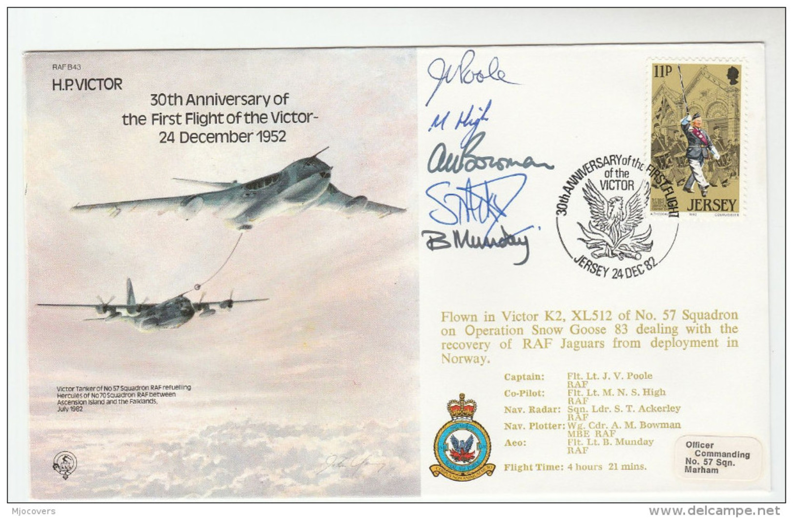 1982 FLIGHT COVER SIGNED By 5 - RAF GB /JERSEY - NORWAY  - VICTOR AIRCRAFT ANNIV Aviation Phoenix Bird Aviation Stamps - Jersey