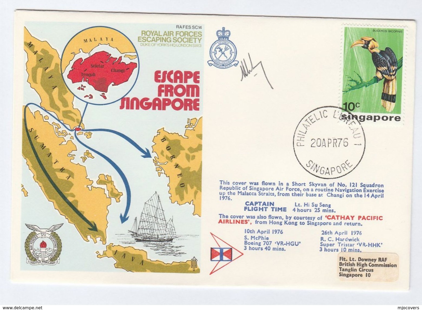 1976 SIGNED SINGAPORE AIR FORCE Special FLIGHT COVER WII Anniv Via HONG KONG  Stamps Bird Birds Aviation  China - Airplanes