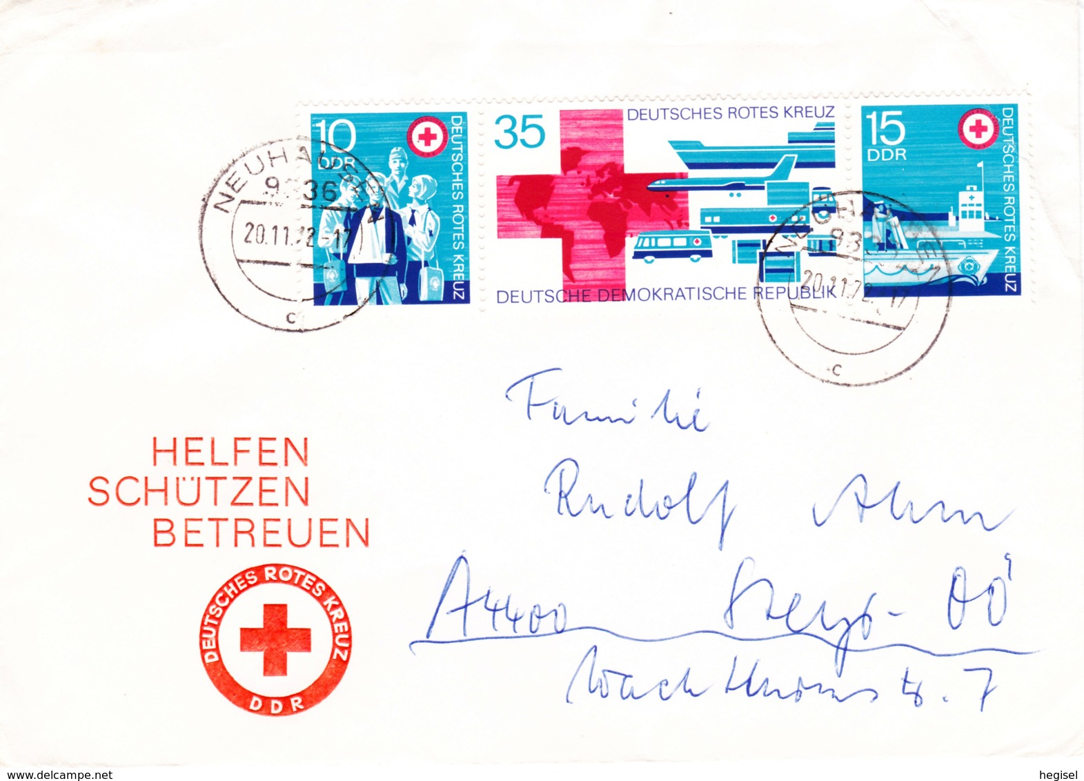 1972, DDR, "Deutsches Rotes Kreuz", Streifenblock (3 Werte), Echt Gelaufen - Privé Briefomslagen - Gebruikt