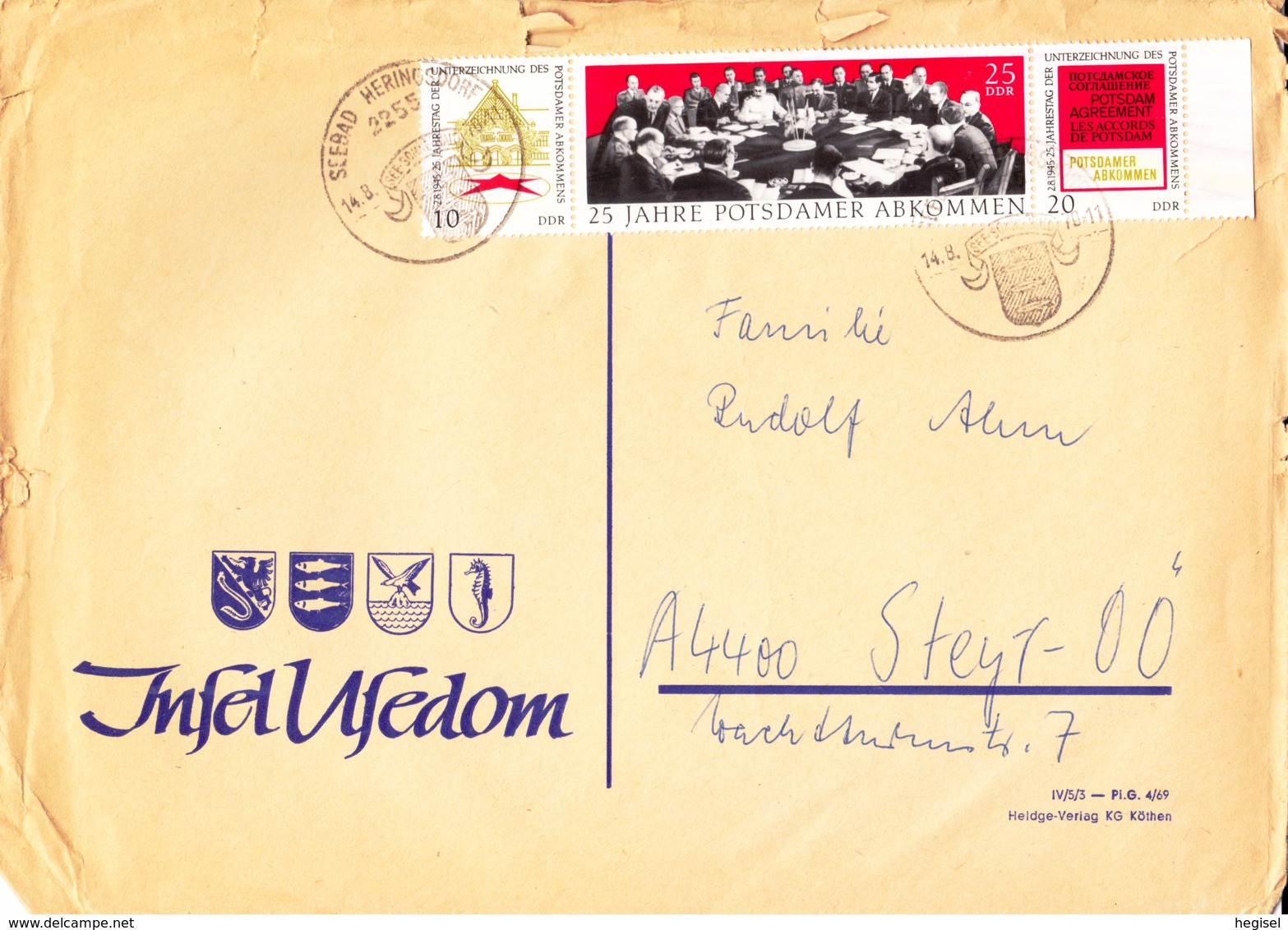 1970, DDR, "25 Jahre Potsdamer Abkommen", Streifenblock, SST., Echt Gelaufen, Kuvert Insel Usedom - Enveloppes Privées - Oblitérées