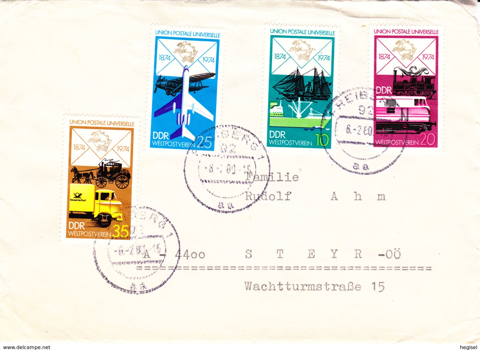 1974, DDR, "100 Jahre Weltpostverein", Kompletter Satz, Echt Gelaufen - Privé Briefomslagen - Gebruikt