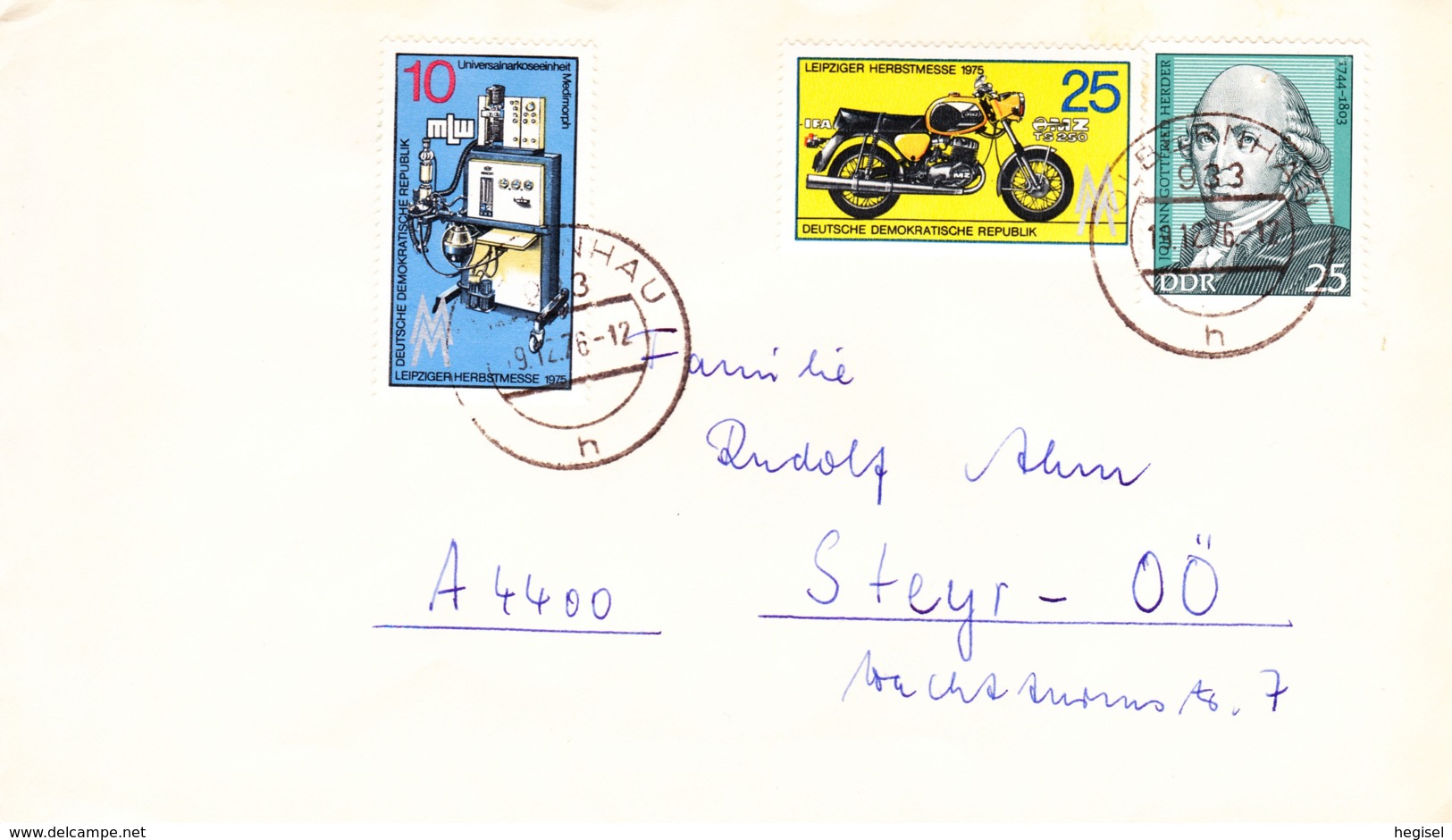 1975, DDR, "Leipziger Herbstmesse 1975" + "Johann Gottfried Herder", Echt Gelaufen - Privé Briefomslagen - Gebruikt