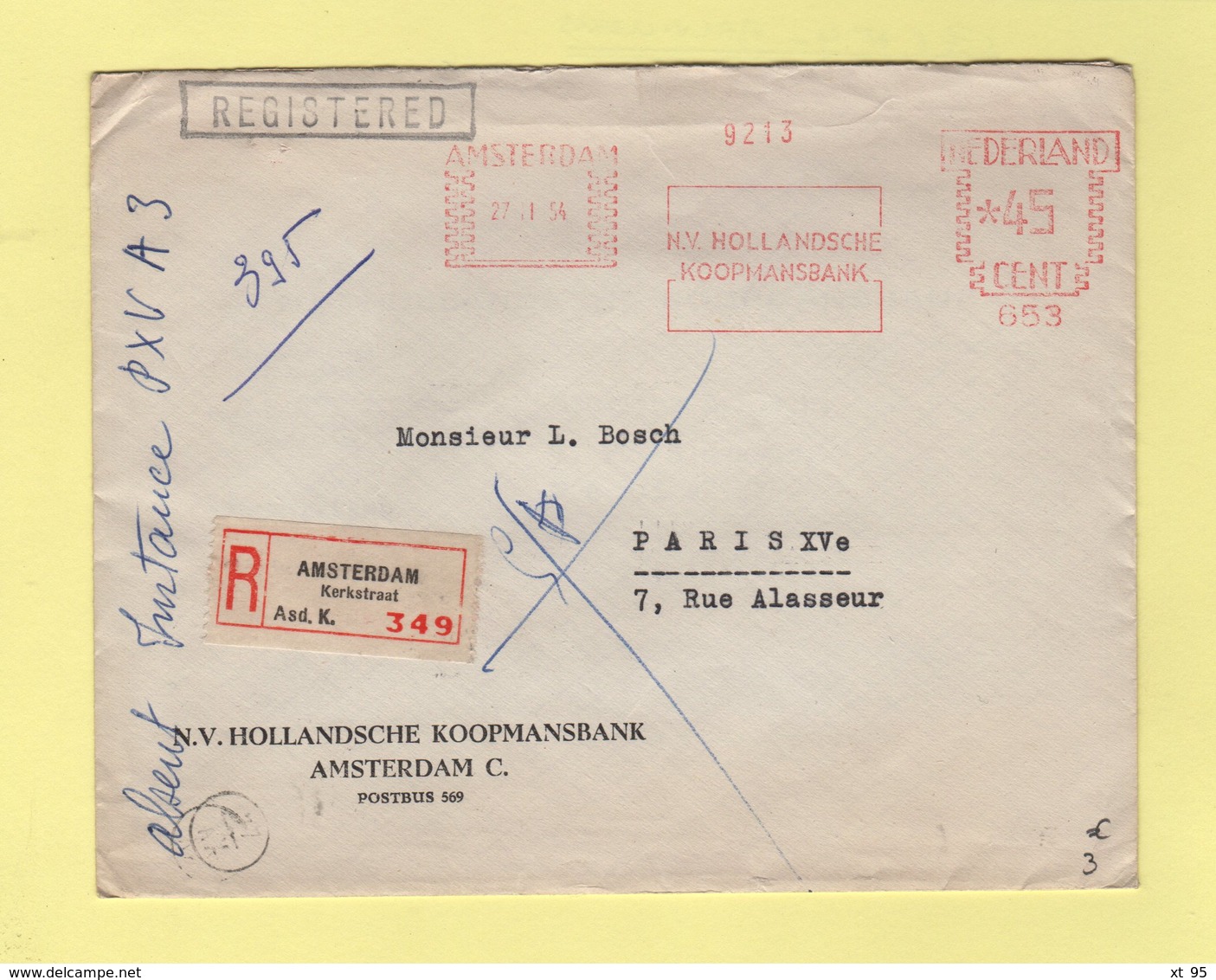 Pays Bas - Amsterdam - Recommande Pour Paris - Koopmansbank - 27-1-1954 - Covers & Documents