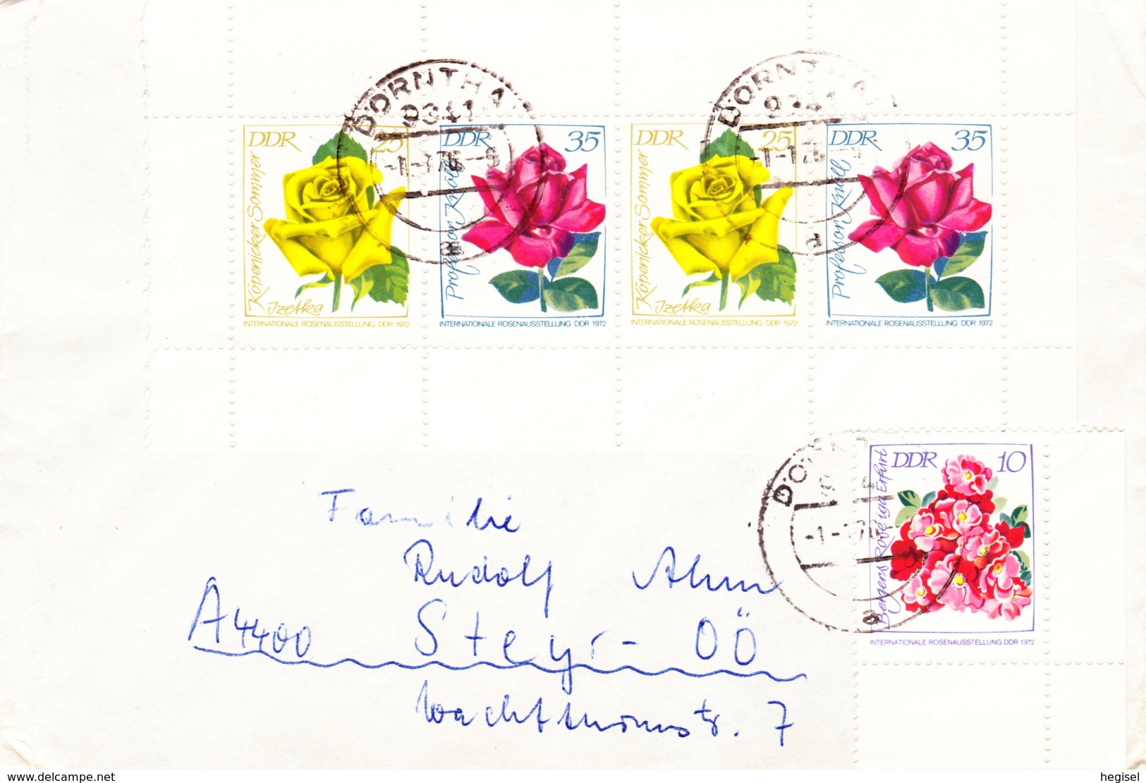 1972, DDR, "Internationale Rosenausstellung" (Kleinformat), Kompletter Satz, Streifen, Echt Gelaufen - Enveloppes Privées - Oblitérées