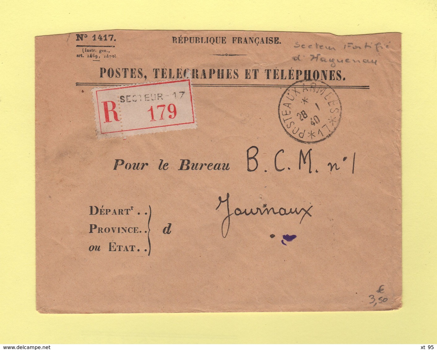 Poste Aux Armees 17 - Recommande - 28-1-1940 - Secteur Fortifie D'Haguenau - Guerra Del 1939-45