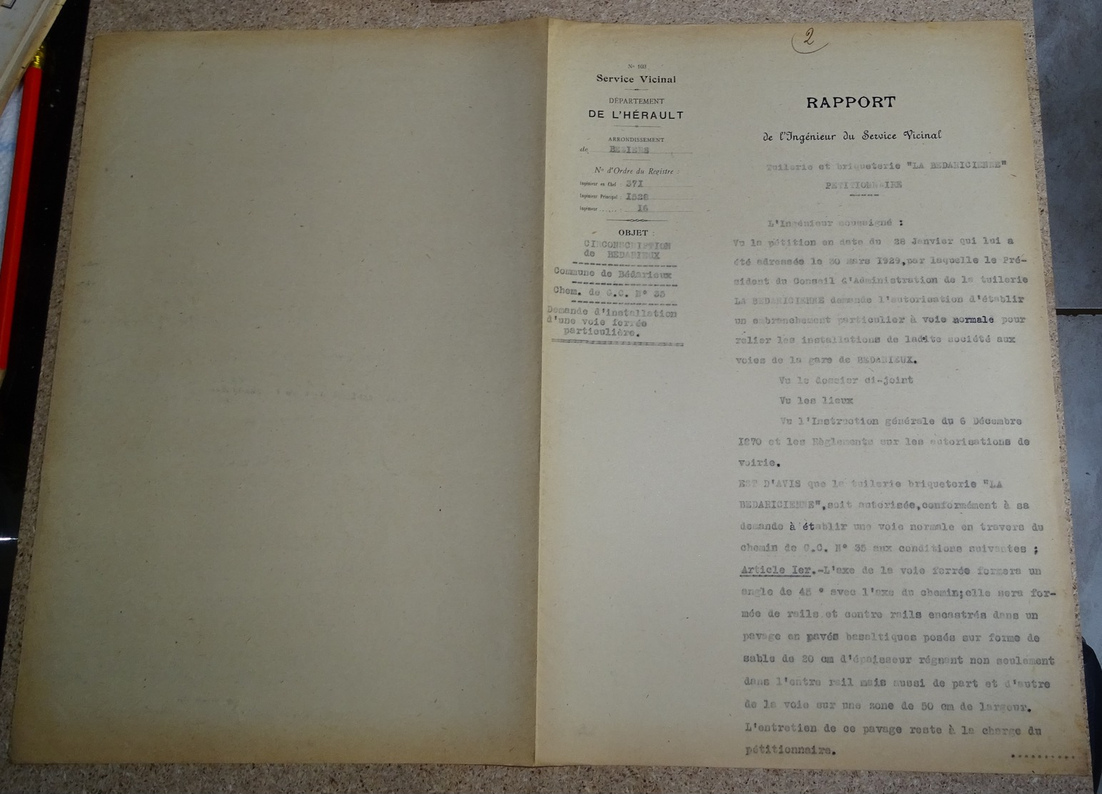 Rapport Vicinal De L'hérault - 1929 - Béziers - Bédarieux - Demande De Voie Ferrée Particulière Parla Tuilerie - Autres & Non Classés