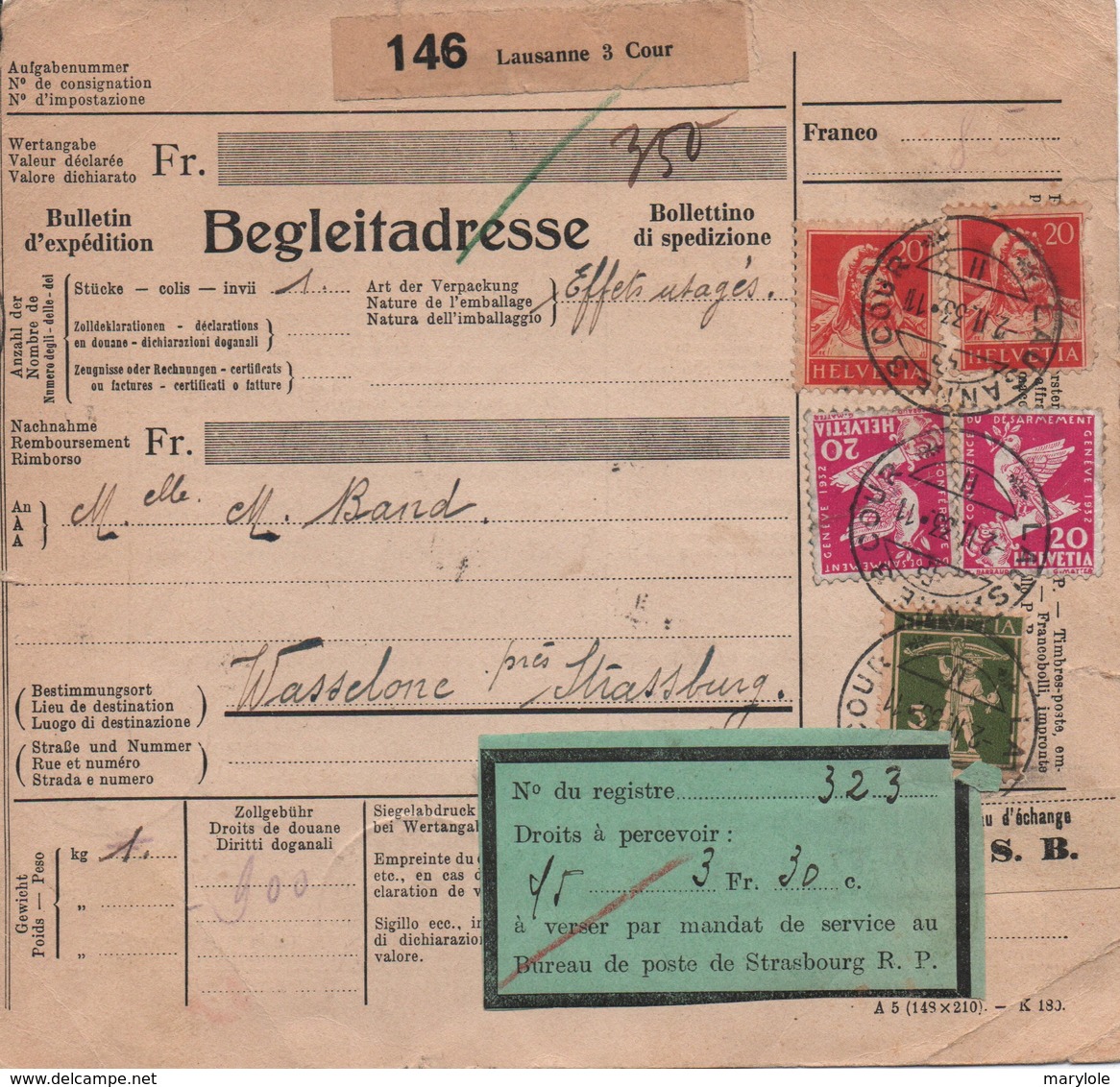 SUISSE  -  Bulletin D'expédition  ,  Multi -  Timbres  Oblitérés  Du  21 - 11 - 1933 . - Ferrocarril