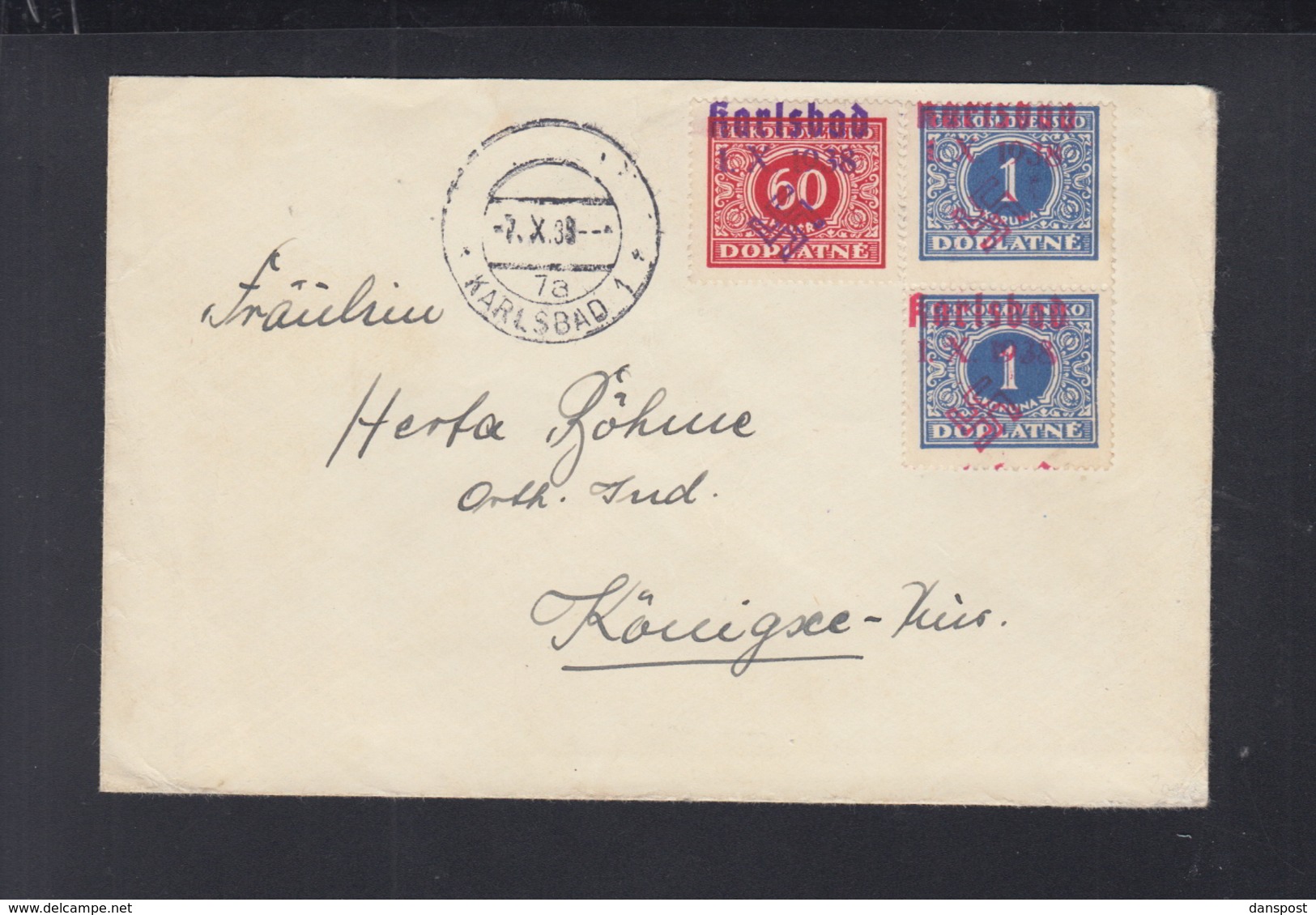 Dt. Reich Sudeten Brief Karlsbad 1938 Mit Rotem Und Blauen Aufdrucken - Occupation 1938-45