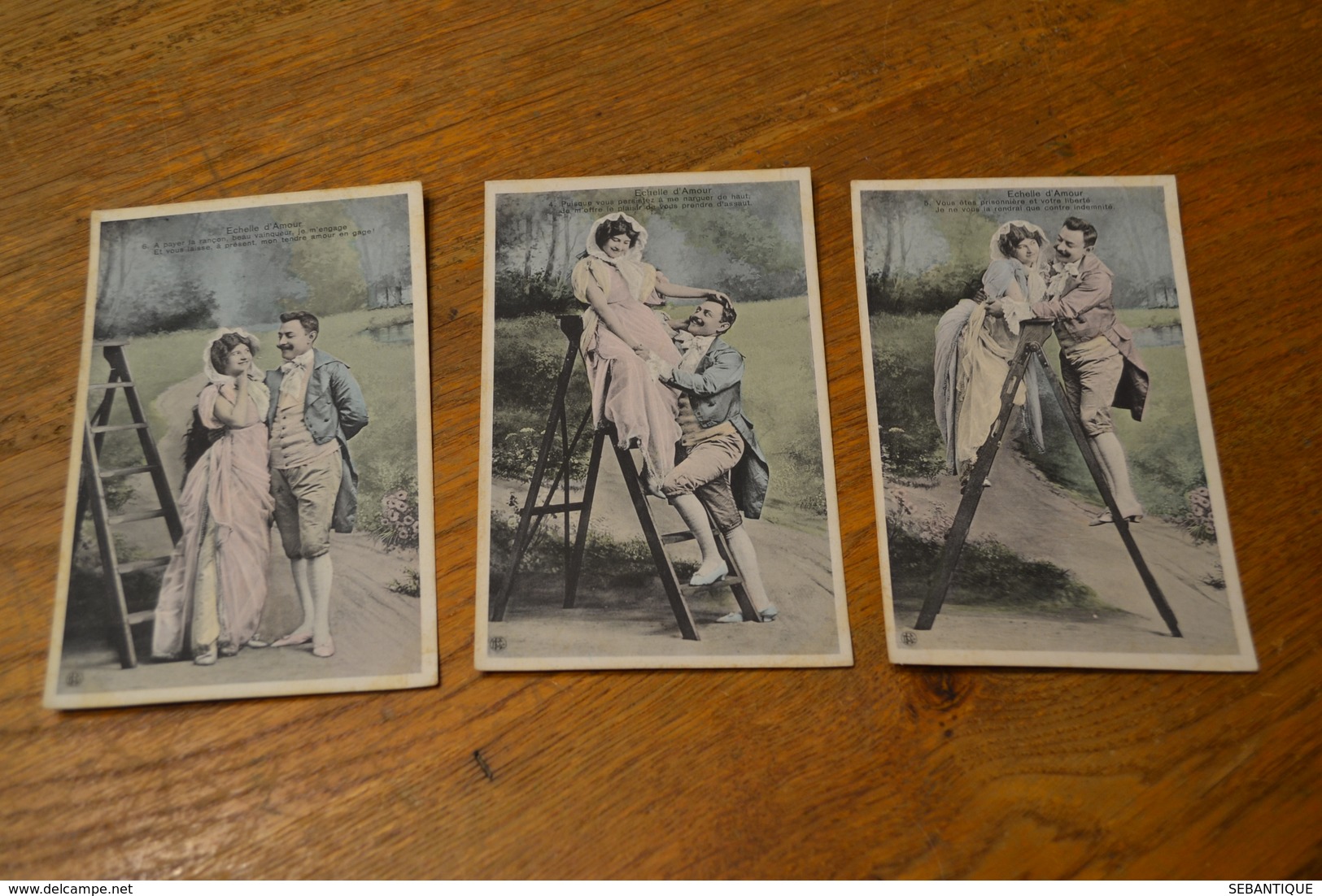 Carte Postale 1910 Série De 3 Cartes échelle D'amour Flirt Au Bord D'un Escabeau - Couples