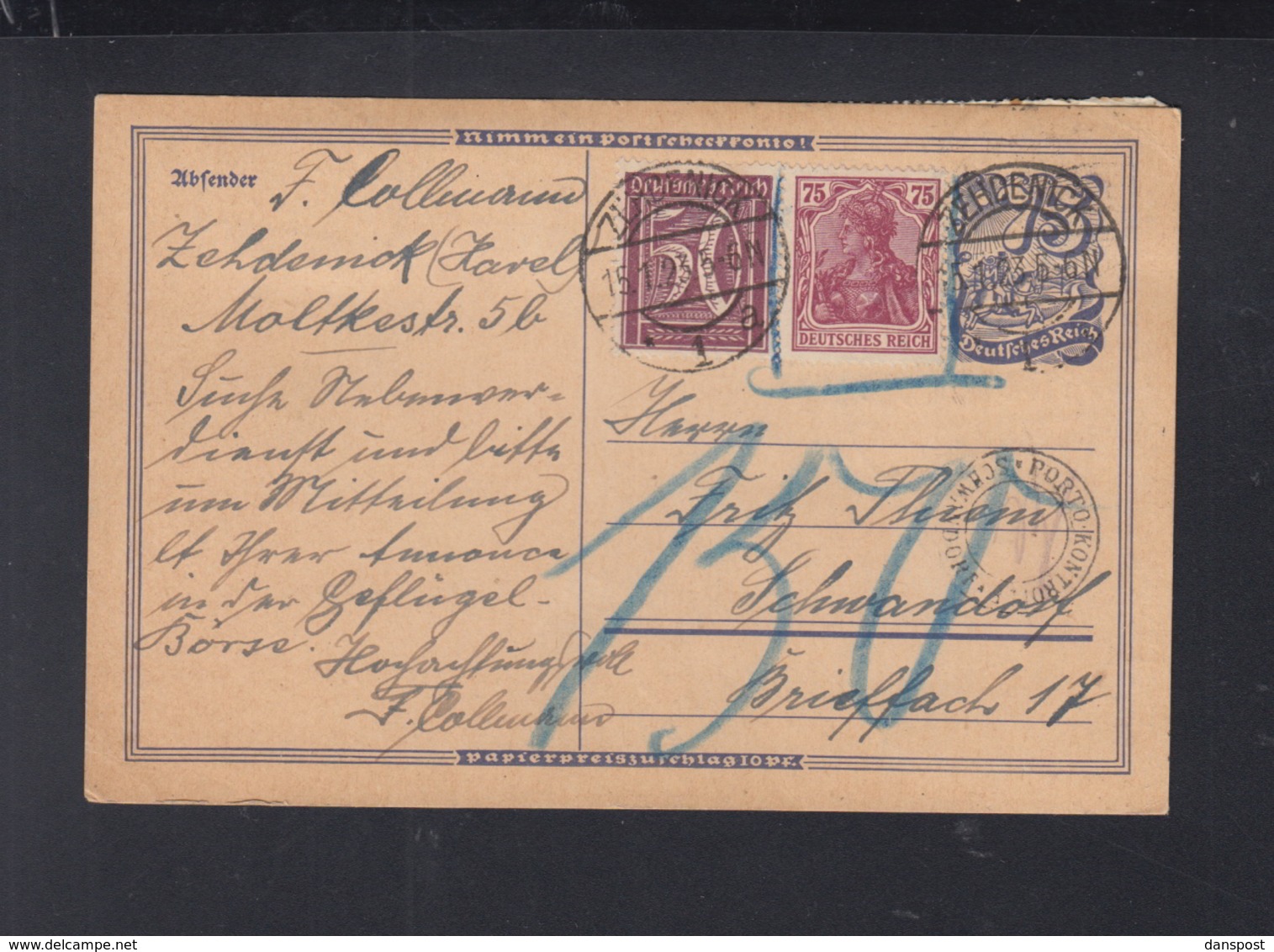 Dt. Reich  PK 1923 Porto Kontrolle Schwandorf - Briefe U. Dokumente