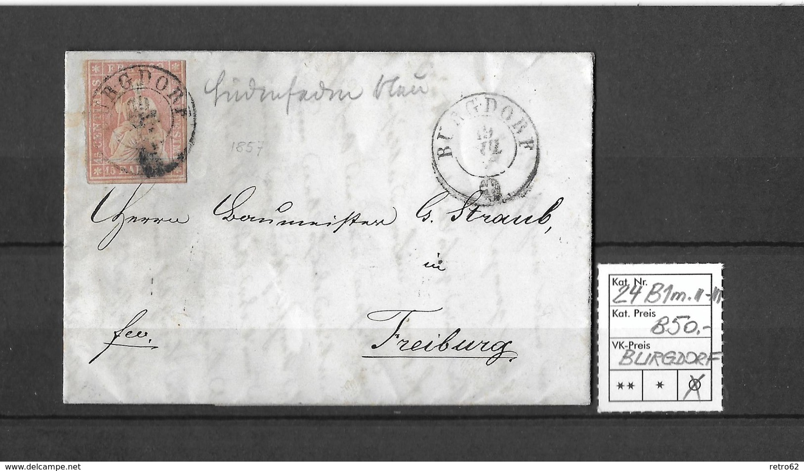 1854-1862 Helvetia (Ungezähnt) Strubel → 1857 Brief BURGDORF Nach Freiburg  ►SBK-24B1m.II/III◄ - Storia Postale