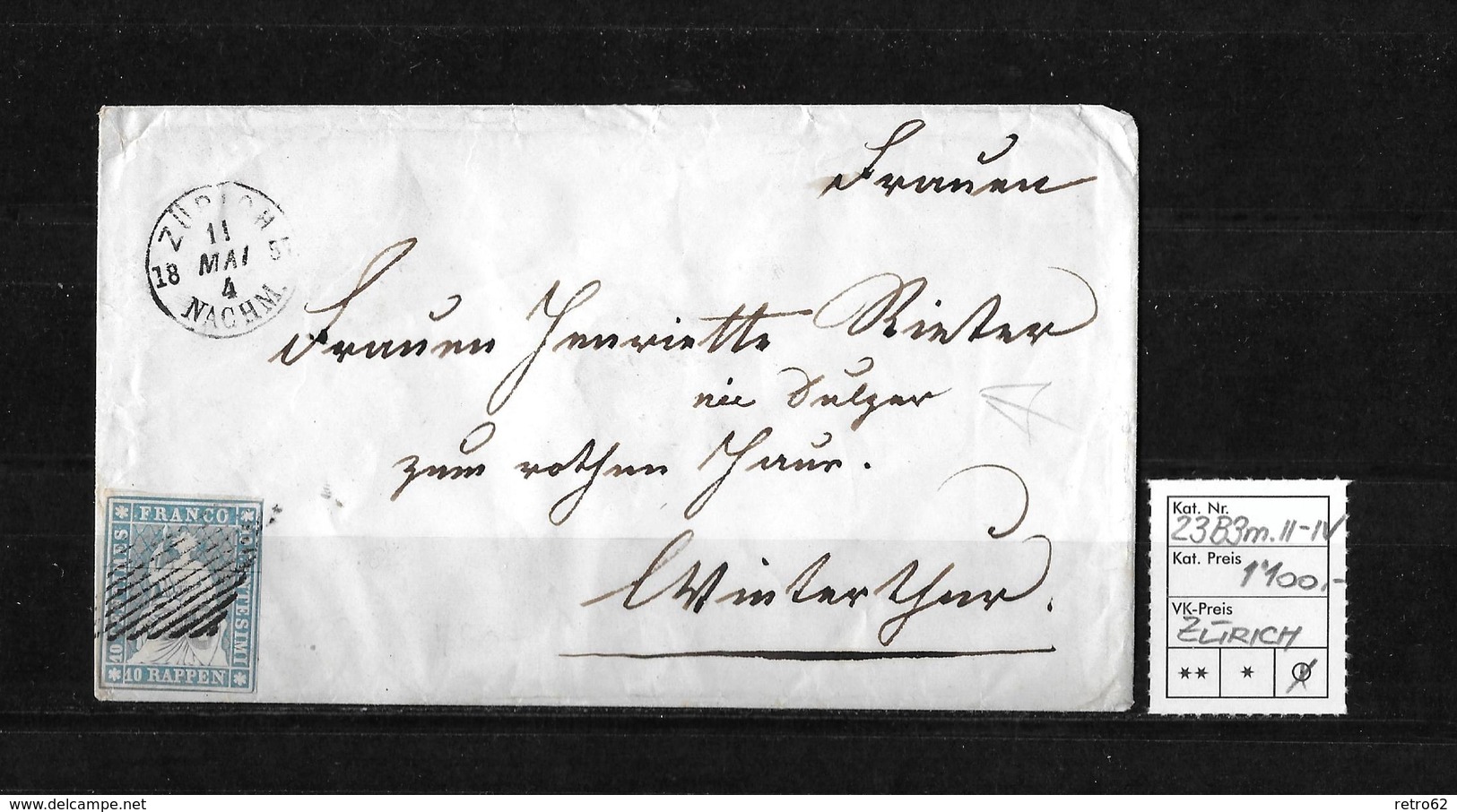 1854-1862 Helvetia (Ungezähnt) Strubel → 1857 Umschlag ZÜRICH Nach Winterthur  ►SBK-23B3m.II-IV◄ - Lettres & Documents