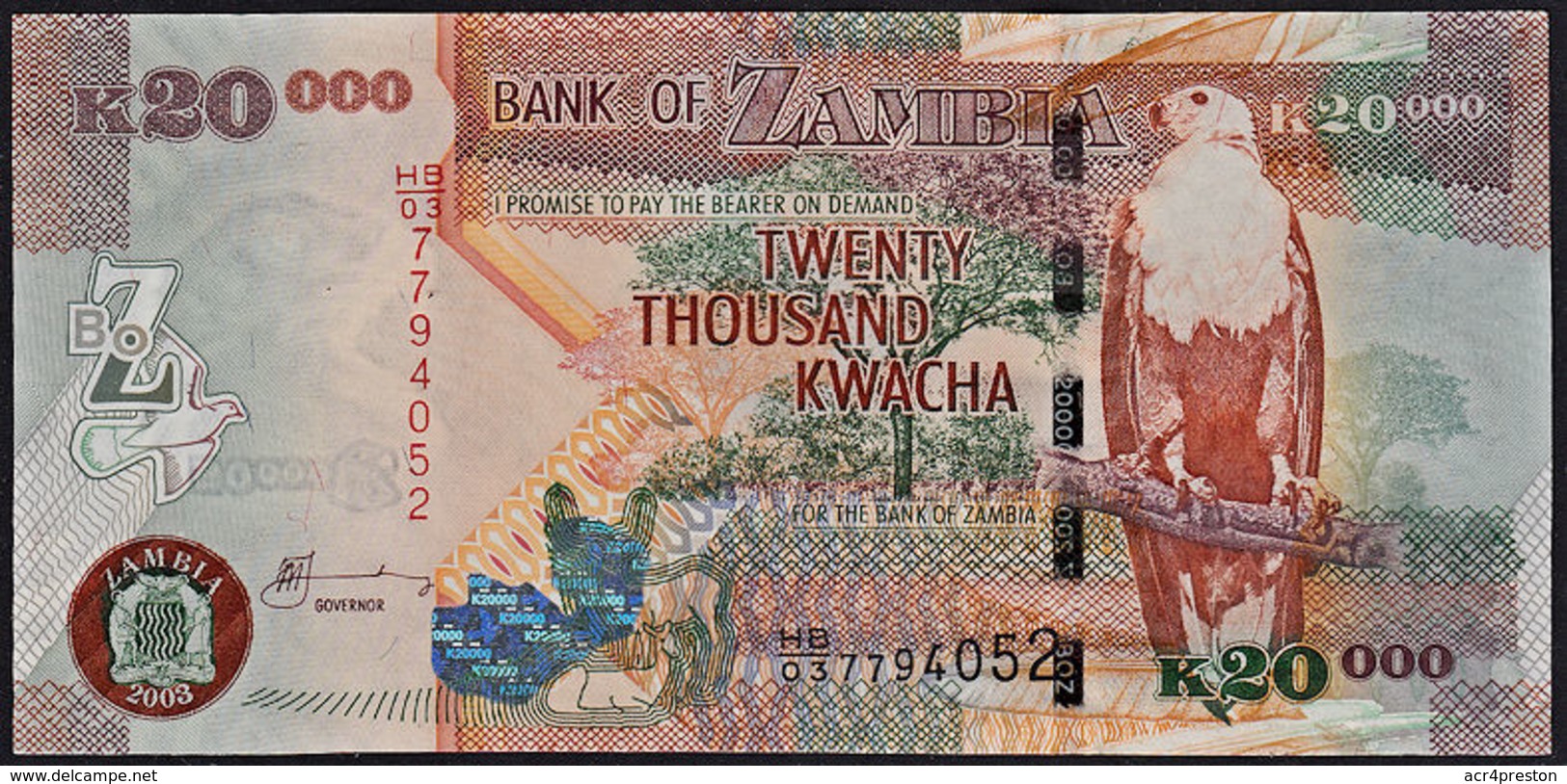 Zmb065 ZAMBIA 2003, 20000 Kwacha Banknote, (HB Serial Numbers) Unc - Zambia