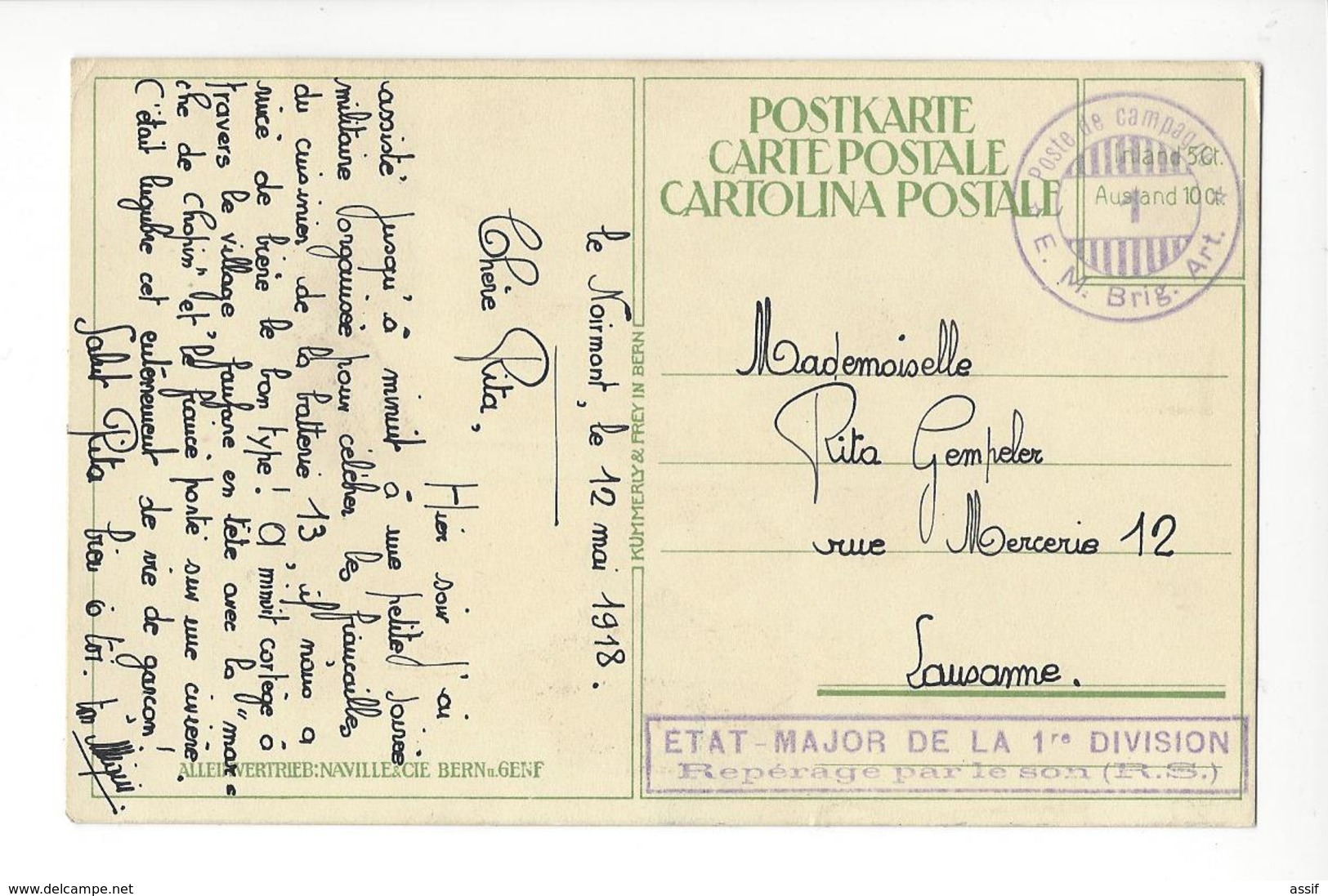 SUISSE CACHET POSTE DE CAMPAGNE 1 ETAT MAJOR PREMIERE DIVISION REPERAGE PAR LE SON  /FREE SHIPPING R - Postmark Collection