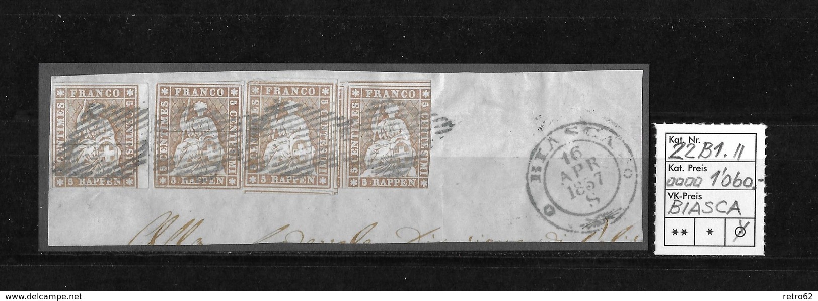 1854-1862 Helvetia (Ungezähnt) Strubel → 1857 Brieffragment BIASCA Blauer RST & 4 Blaue Rauten  ►4 X SBK-22B1.II◄ - Lettres & Documents