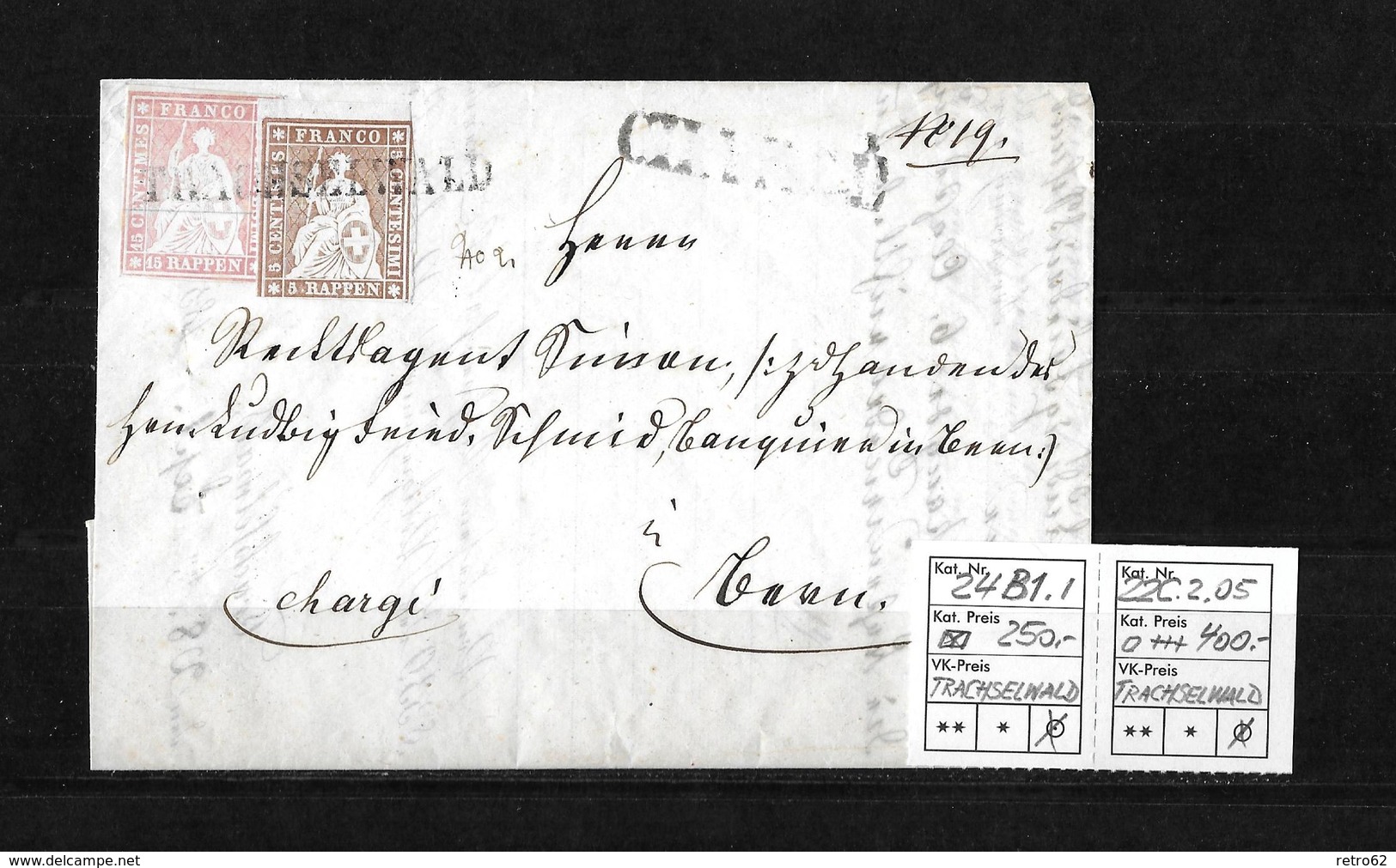 1854-1862 Helvetia (Ungezähnt) Strubel → 1855 Chargè Brief, BST Trachselwald Nach Thun  ►SBK-24B1.I & 22C.2.05◄ - Lettres & Documents