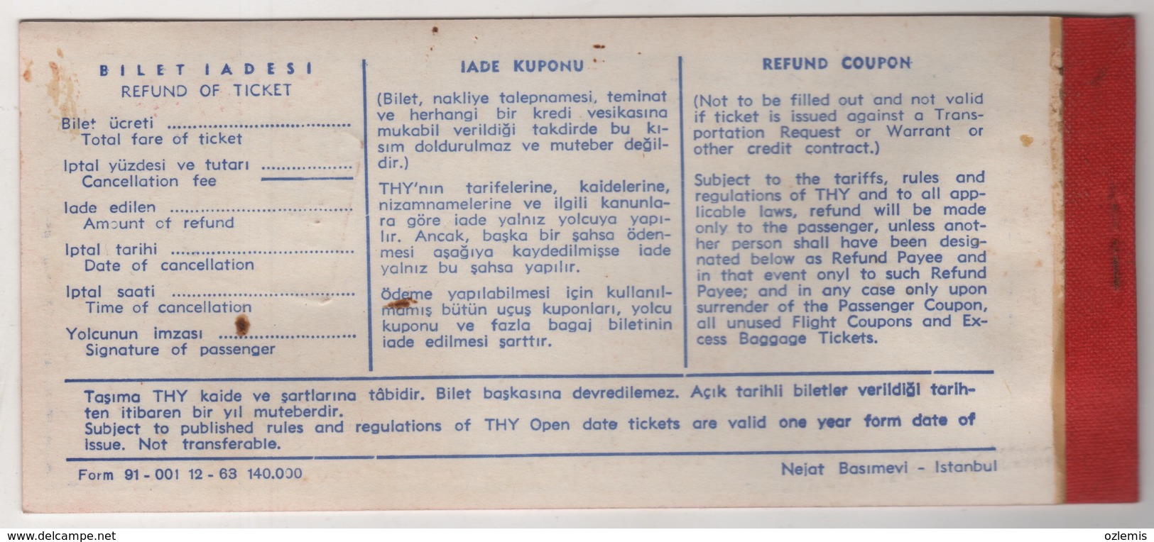 TURQUIE,TURKEI,TURKEY,TURKISH AIRLINES 1962 PASSENGER TICKET FROM 1 - Tickets