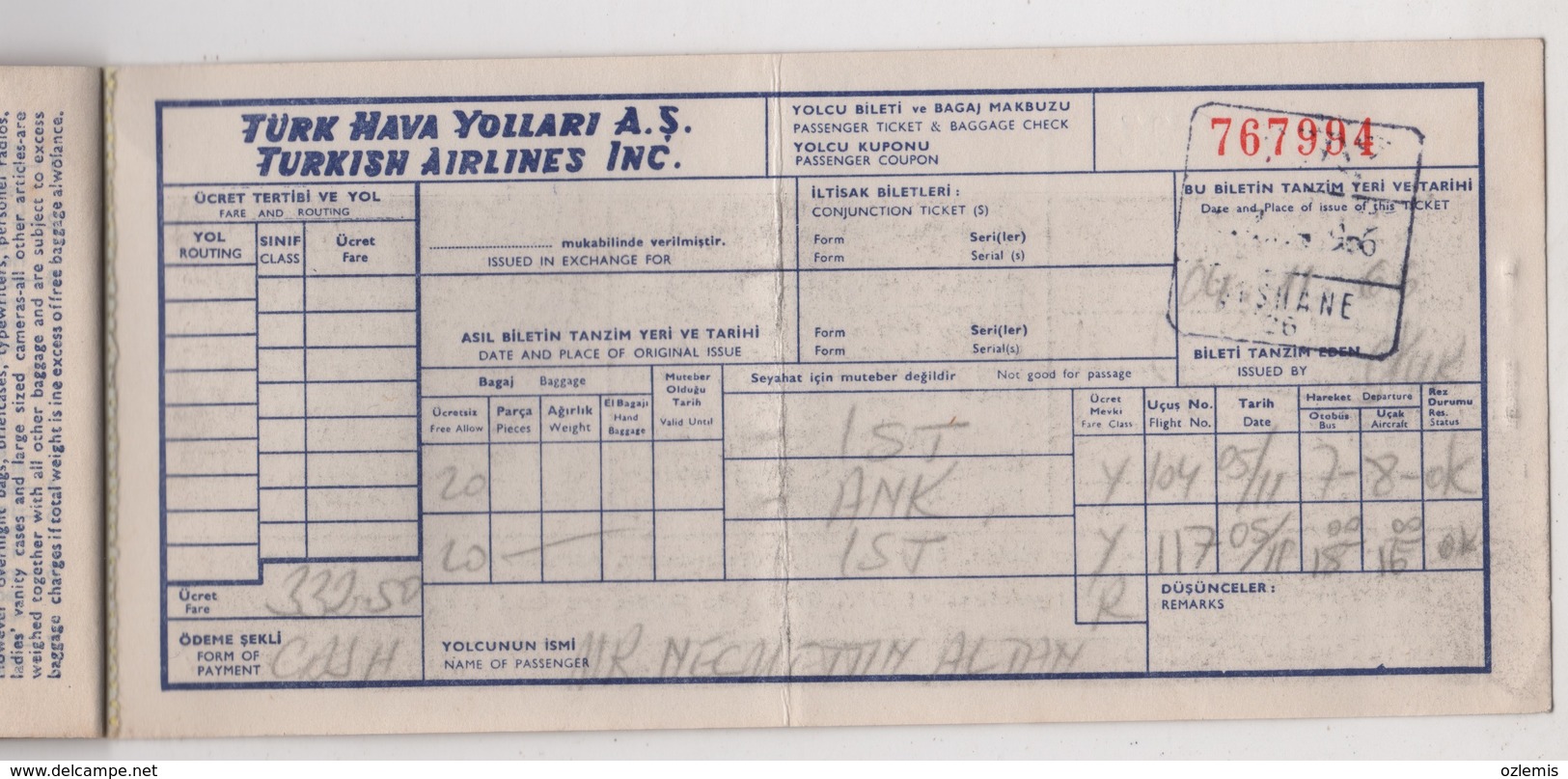 TURQUIE,TURKEI,TURKEY,TURKISH AIRLINES 1962 PASSENGER TICKET FROM 2 - Tickets