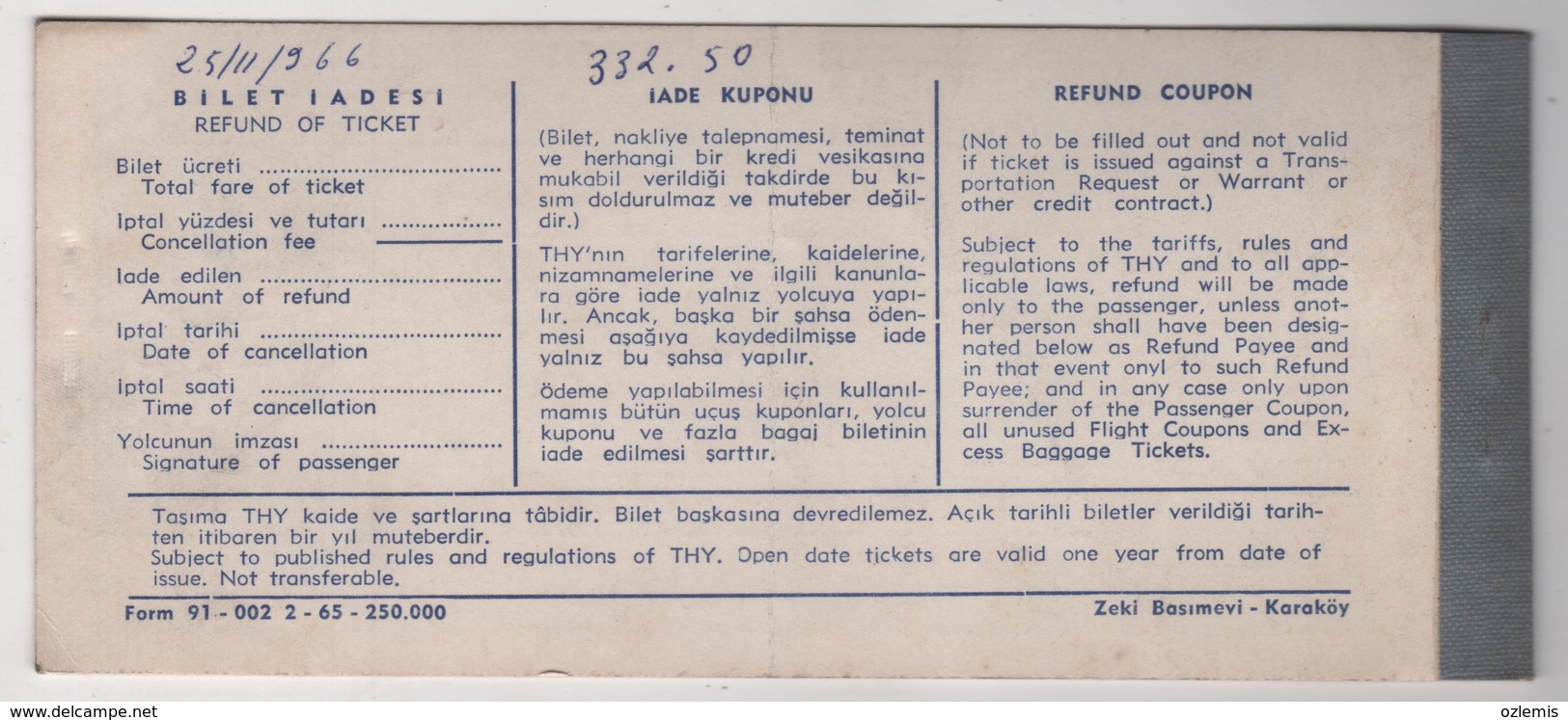 TURQUIE,TURKEI,TURKEY,TURKISH AIRLINES 1962 PASSENGER TICKET FROM 2 - Tickets