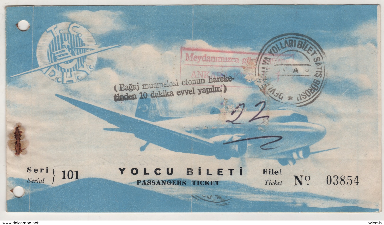 T.C.REPUBLIG OF TURKEY STATE AIRLINES 1955 PASSENGER TICKET - Billetes