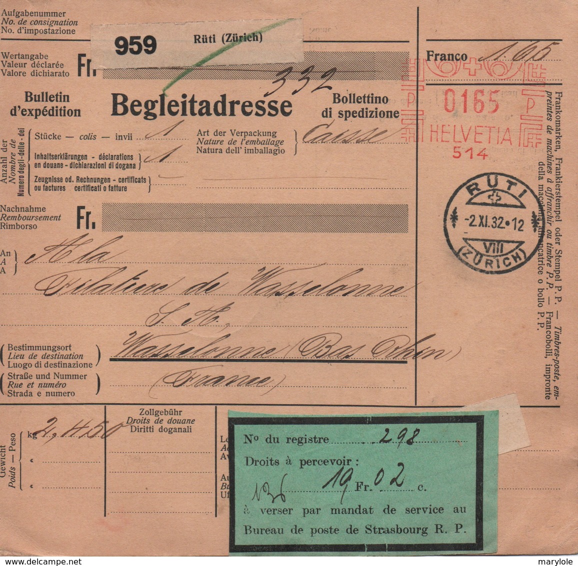 SUISSE  -  Bulletin D'expédition  , Oblitération  Mécanique  Du  02 - 11 - 1932 . - Ferrocarril