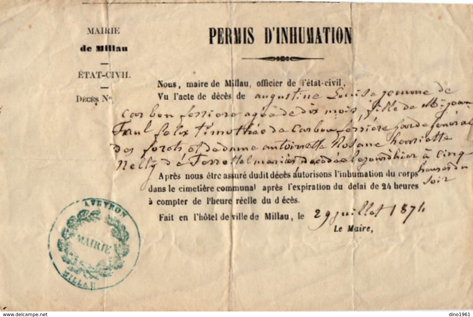 VP14.908 - MILLAU 1874 - Permis D'Inhumation De A.L.Jeanne De CARBON - FERRIERE ( Père Garde Général Des Fôrets ) - Collections