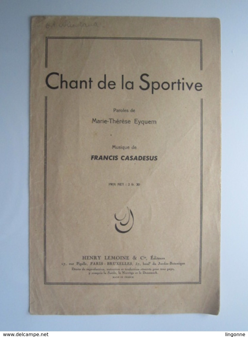 PARTITION CHANT DE LA SPORTIVE CASADESUS EYQUEM 17,5 X 27,5 Cm Env - Autres & Non Classés