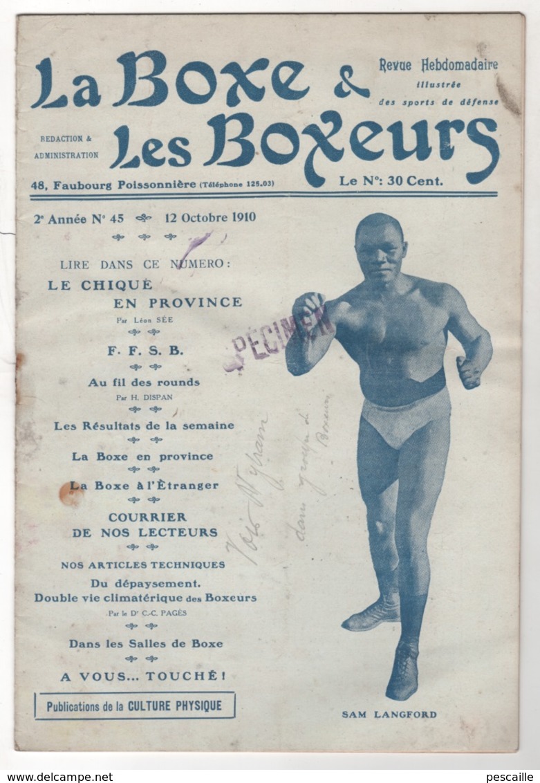 LA BOXE ET LES BOXEURS 12 10 1910 - SAM LANGFORD / JIM JOHNSON / AIX EN PROVENCE / CASTELJALOUX / YOUNG NIPPER ... - Deportes