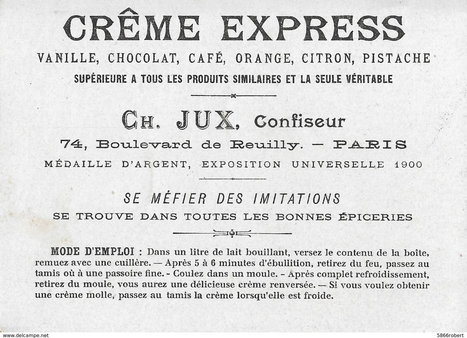 FLYER PUBLICITAIRE EXPOSITION UNIVERSELLE 1900 DE 9CM/12CM CREME EXPRESS DE CH. JUX CONFISEUR REUILLY PARIS (75) - Publicités