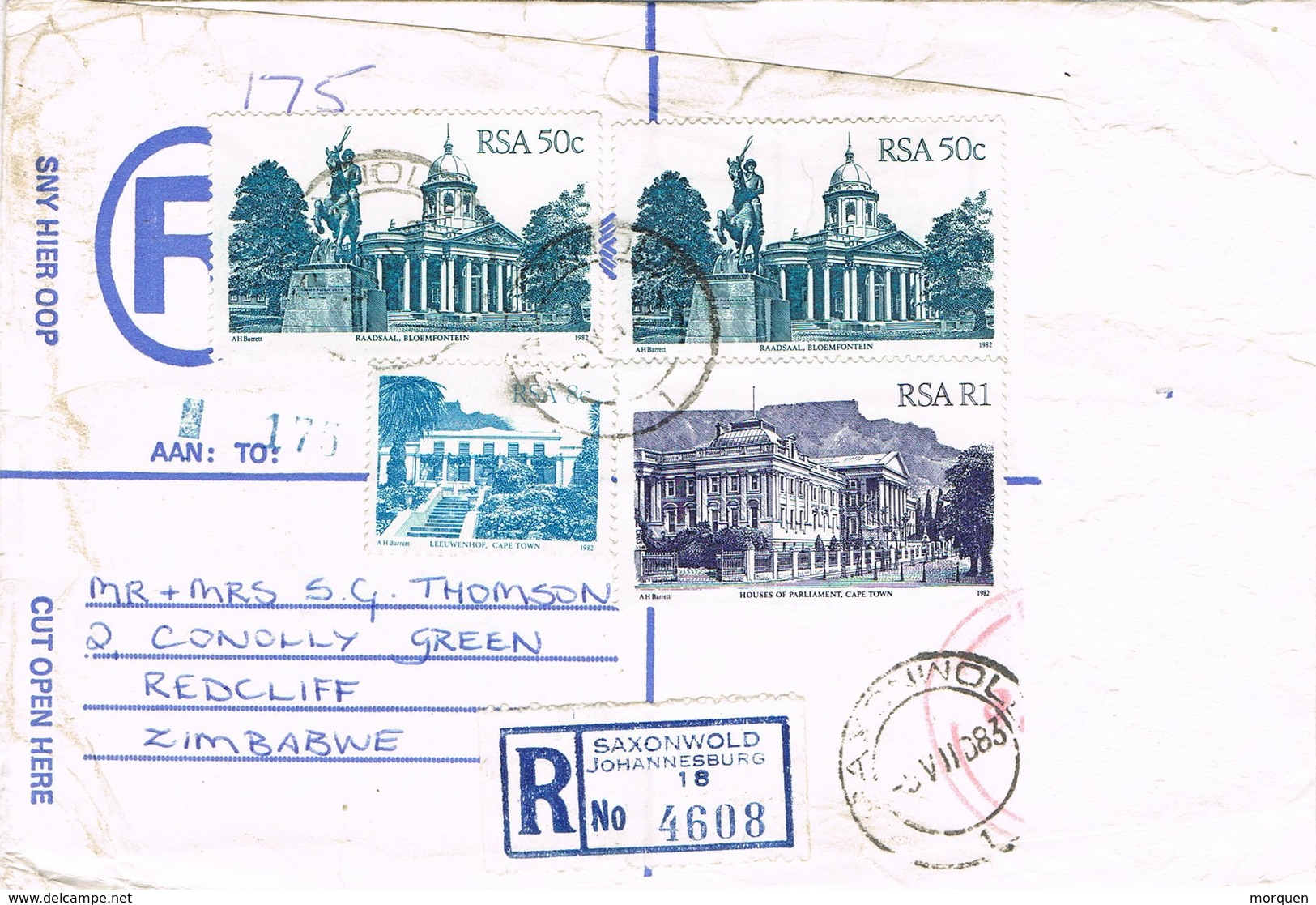 32611. Frontal Carta Certificada SAXONWOLD (Johannesburg) South Africa 1983 - Cartas & Documentos