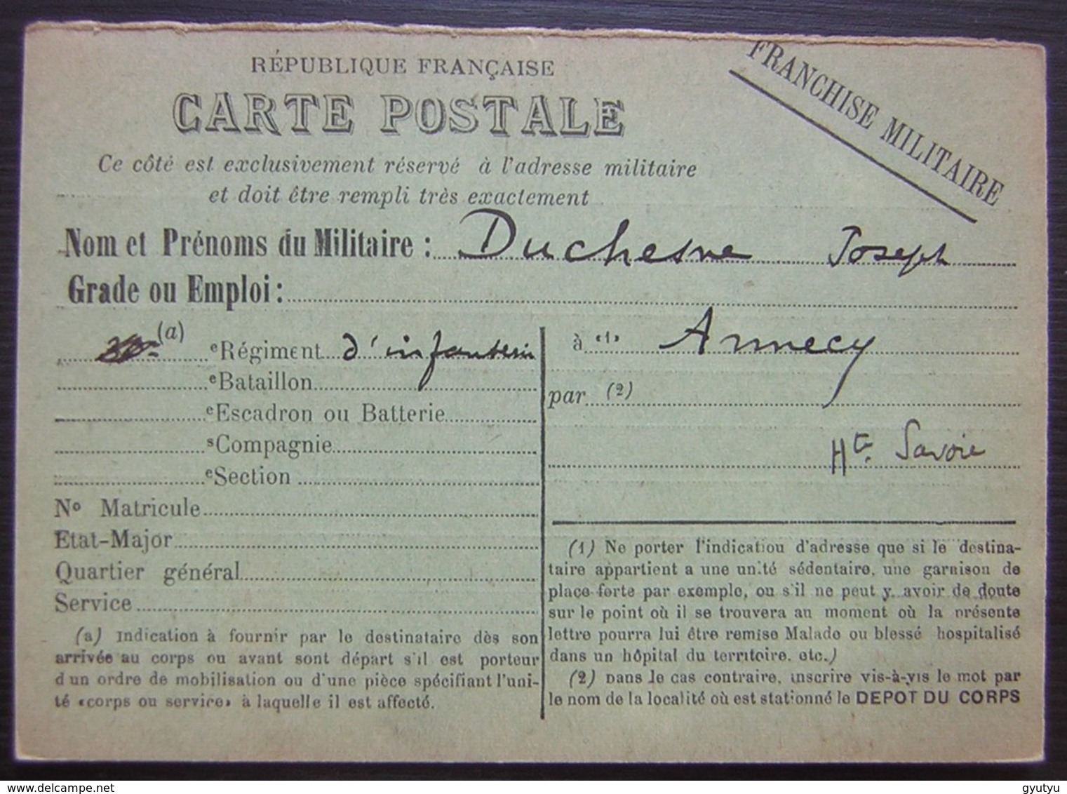 1914 Carte En Franchise Militaire De Joseph Duchesne Régiment D'infanterie à Annecy - Lettres & Documents