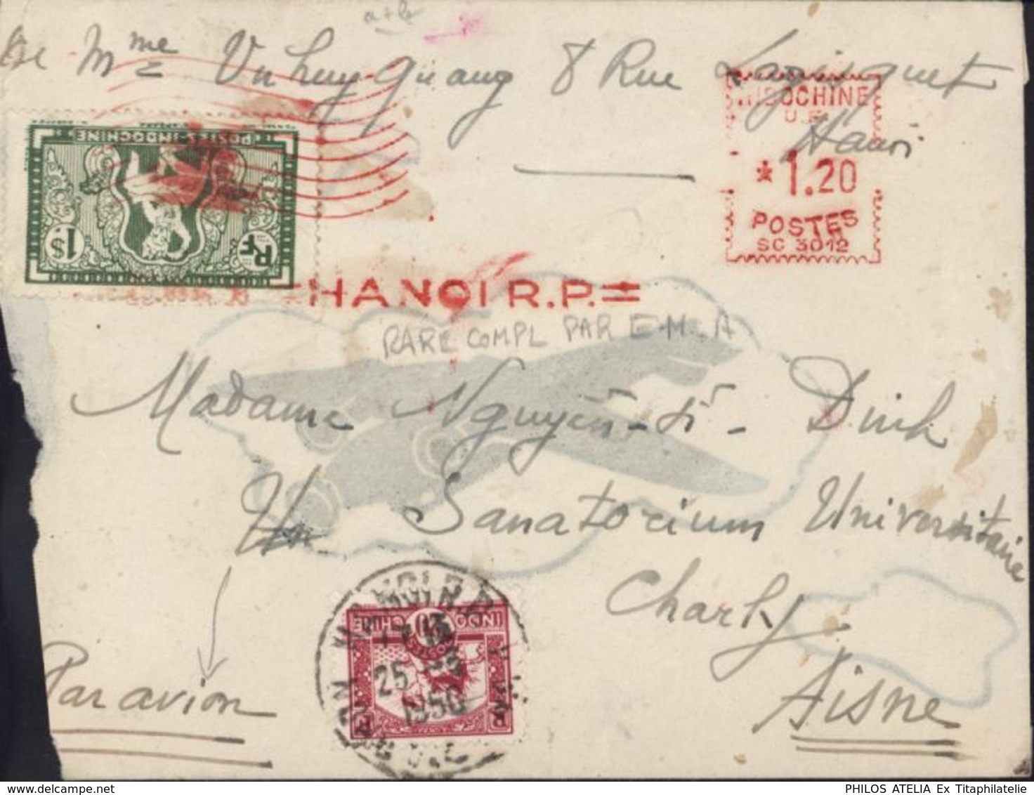 Par Avion Filigrane Complément EMA Indochine SC 3012 YT 163 169 CAD Hanoi RP 25 3 1950 - Lettres & Documents