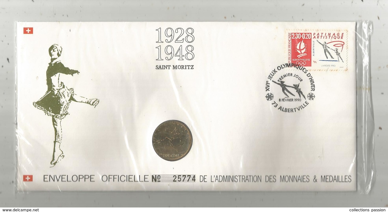 Enveloppe Officielle "timbre Médaille" Premier Jour,J.O. D'hiver ,1928 , SAINT MORITZ ,4 Scans ,  Frais Fr : 1.95 E - Professionnels / De Société