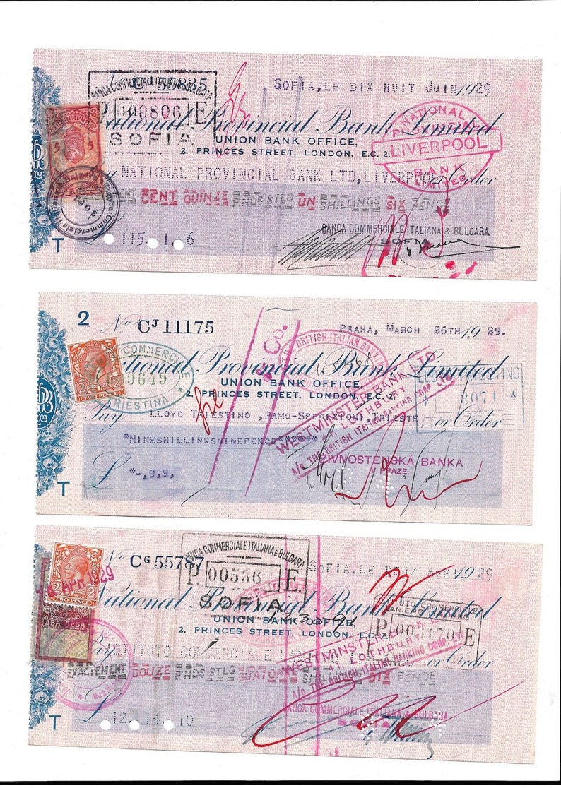 WIEN, SOFIA, PRAHA 1929: Lot De 6 Chèques "National Provincial Bank Limited  Tttb état  Voir Scanq - Chèques & Chèques De Voyage