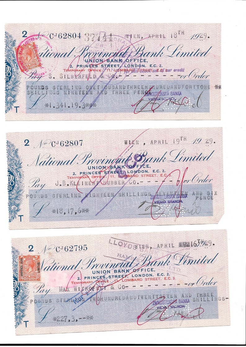 WIEN, SOFIA, PRAHA 1929: Lot De 6 Chèques "National Provincial Bank Limited  Tttb état  Voir Scanq - Chèques & Chèques De Voyage