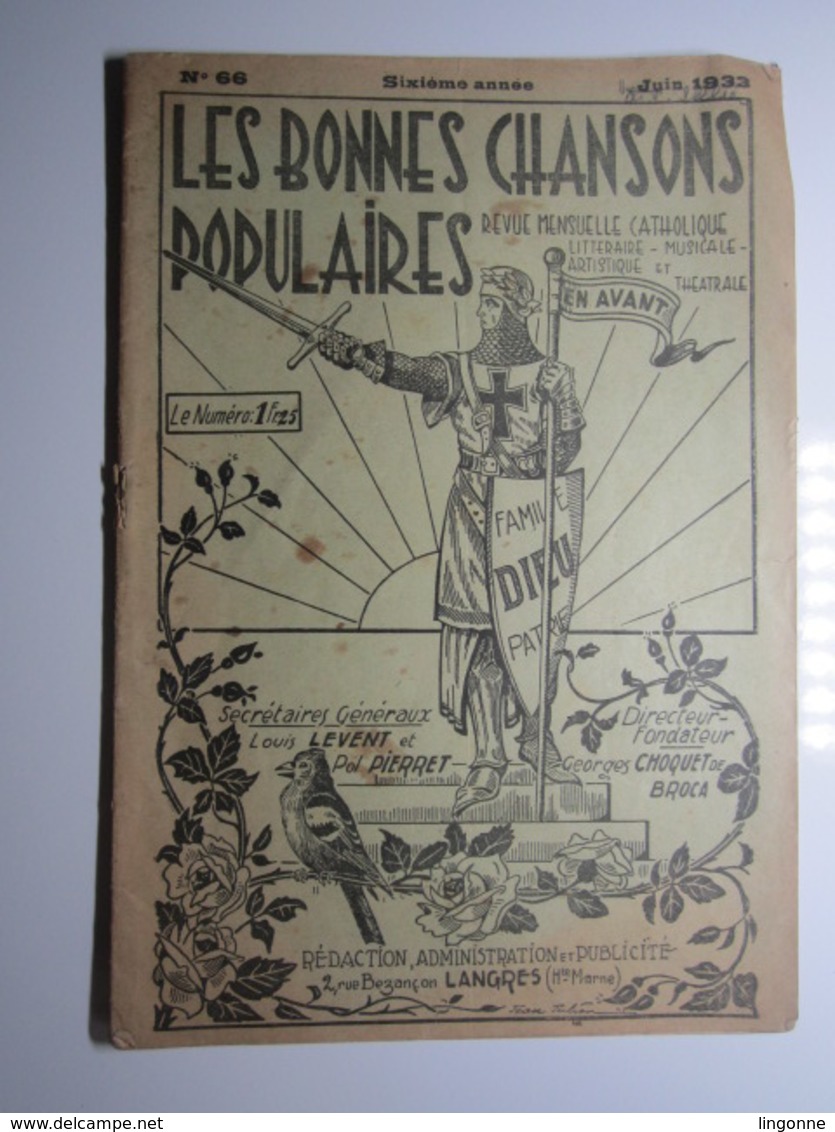 LANGRES (Haute-Marne) LES BONNES CHANSONS POPULAIRES 1933, N° 66, 24 Pages, Partitions, Monologue, Théatre - Autres & Non Classés