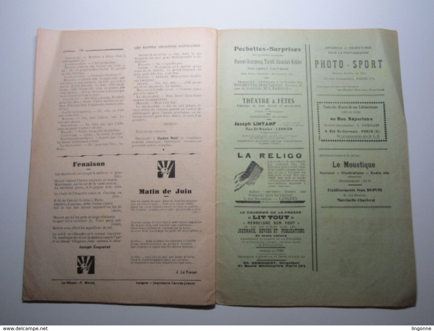 LANGRES (Haute-Marne) LES BONNES CHANSONS POPULAIRES 1933, N° 66, 24 pages, partitions, monologue, théatre