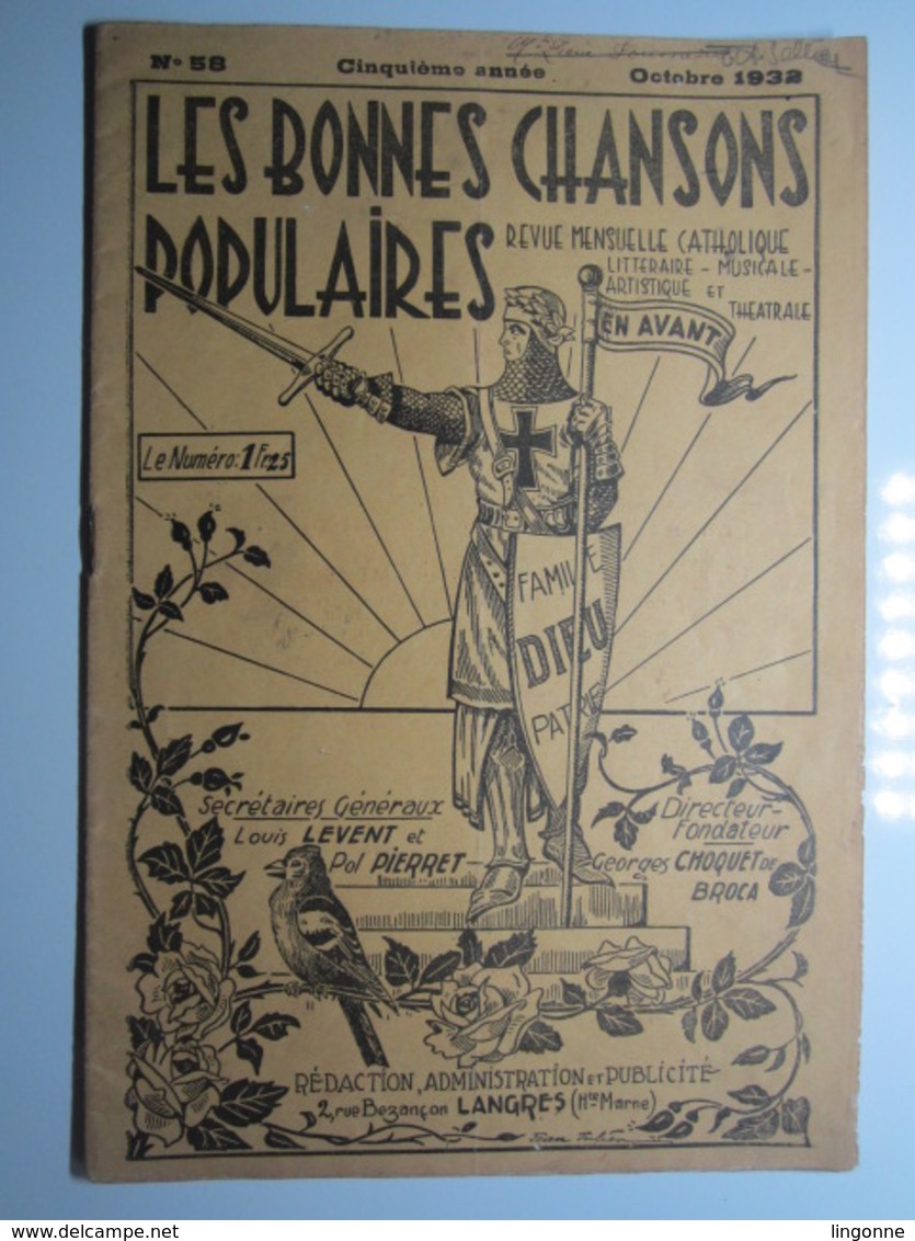 LANGRES (Haute-Marne) LES BONNES CHANSONS POPULAIRES 1932, N° 58, 20 Pages, Partitions, Monologue, Théatre - Autres & Non Classés