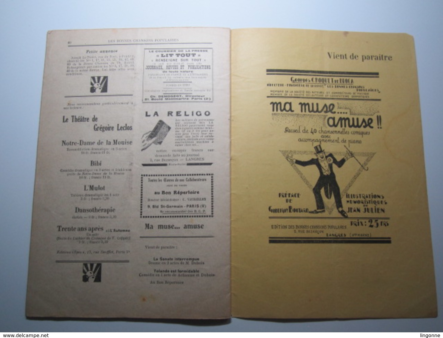 LANGRES (Haute-Marne) LES BONNES CHANSONS POPULAIRES 1932, N° 58, 20 Pages, Partitions, Monologue, Théatre - Autres & Non Classés