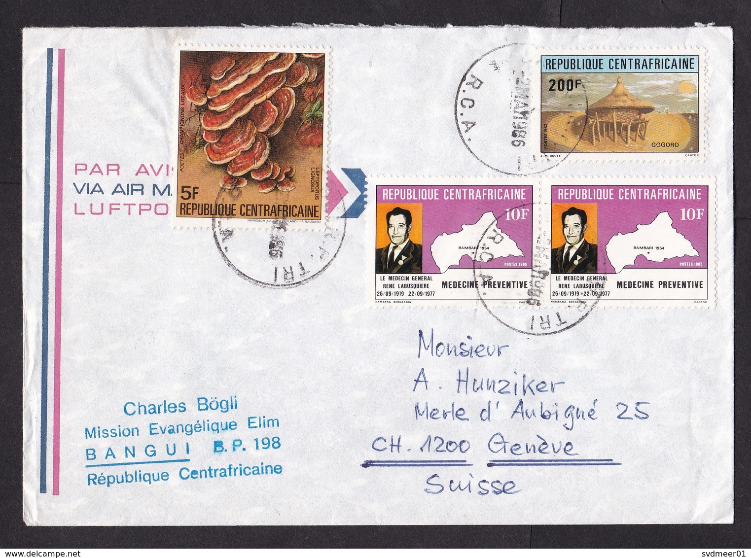 Central African Republic CAR: Cover To Switzerland 1986, 4 Stamps, Mushroom, Fungus, Preventive Medicine (traces Of Use) - Centraal-Afrikaanse Republiek