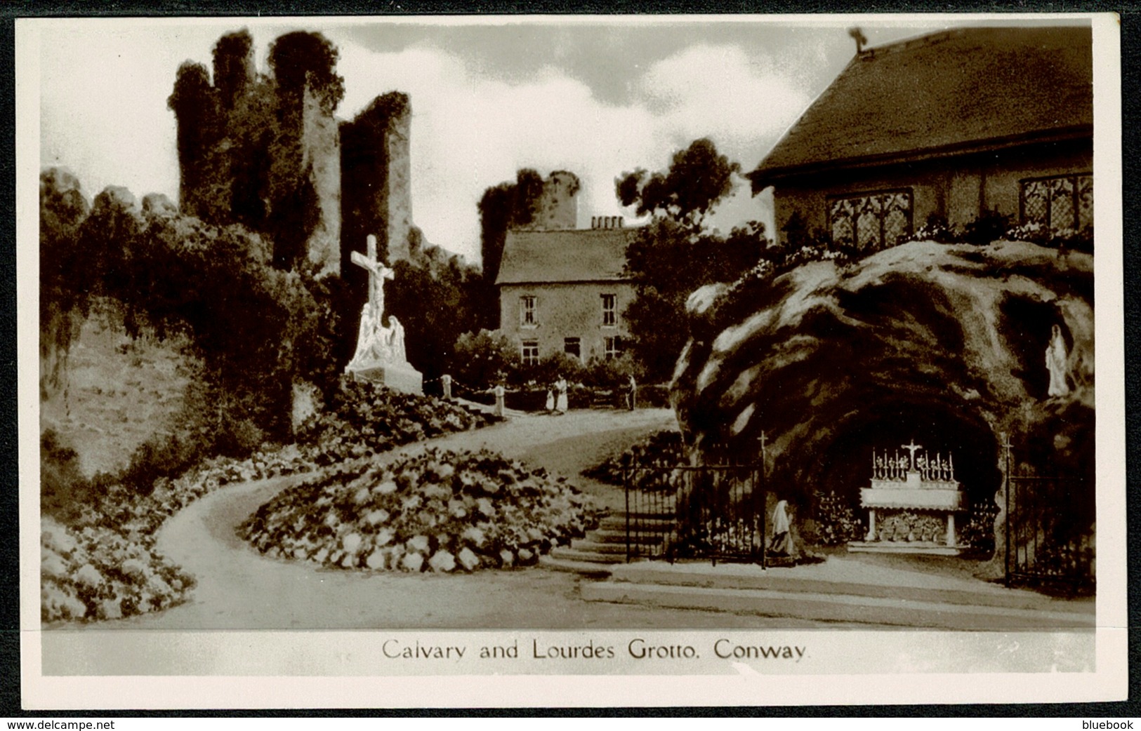Ref 1286 - Real Photo Postcard - Calvary & Lourdes Grotto Conway - Caernarvonshire Wales - Caernarvonshire