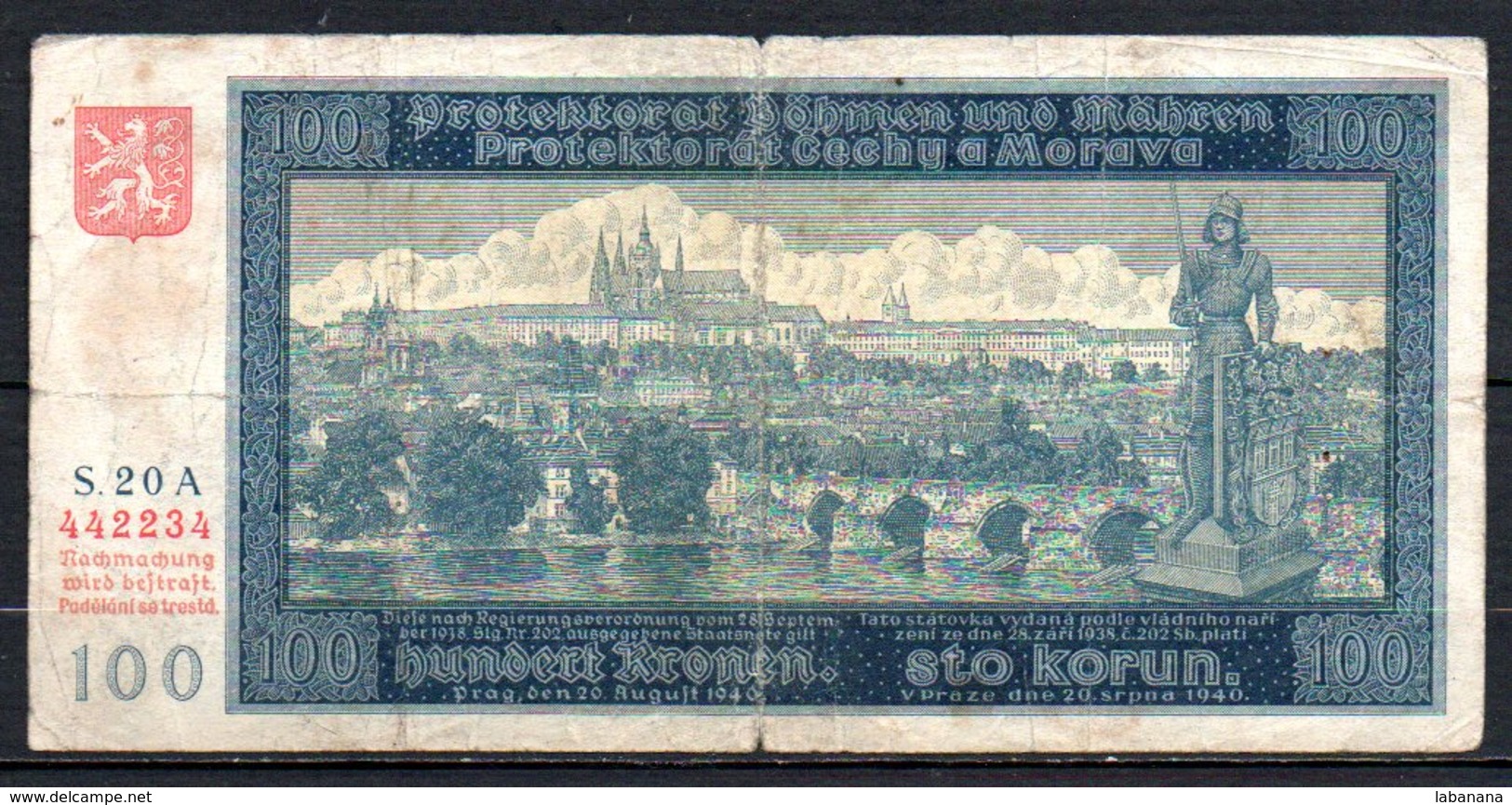 622-Bohème Et Moravie Billet De 100 Korun 1940 S20A - Autres - Europe