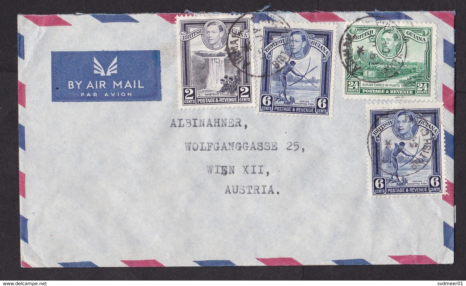 British Guiana: Airmail Cover To Austria, 1954, 4 Stamps, George VI, Waterfall, Fishing, Sugar Cane Ship (traces Of Use) - Brits-Guiana (...-1966)